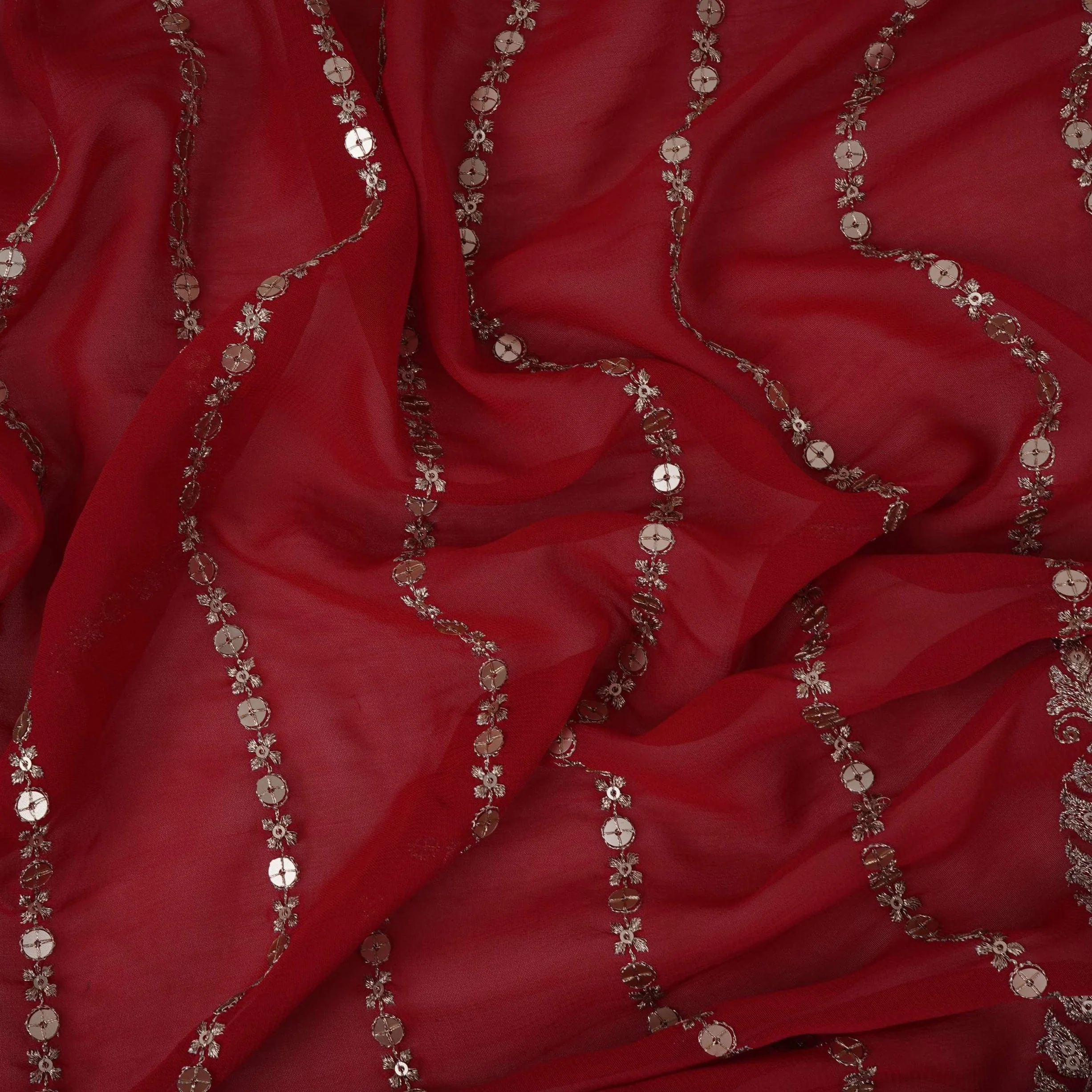Red Zari Stripes With Sequins Embroidery Georgette Fabric DR-32370 - Image 3