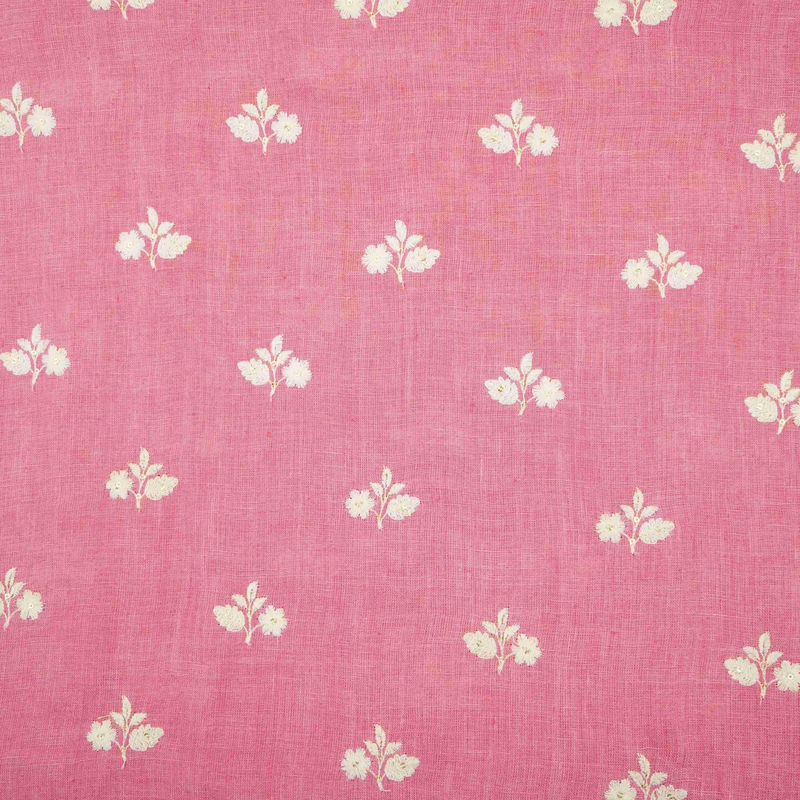 Rose Pink thread embroidery Pure Linen Fabric SN-31148 - Image 3