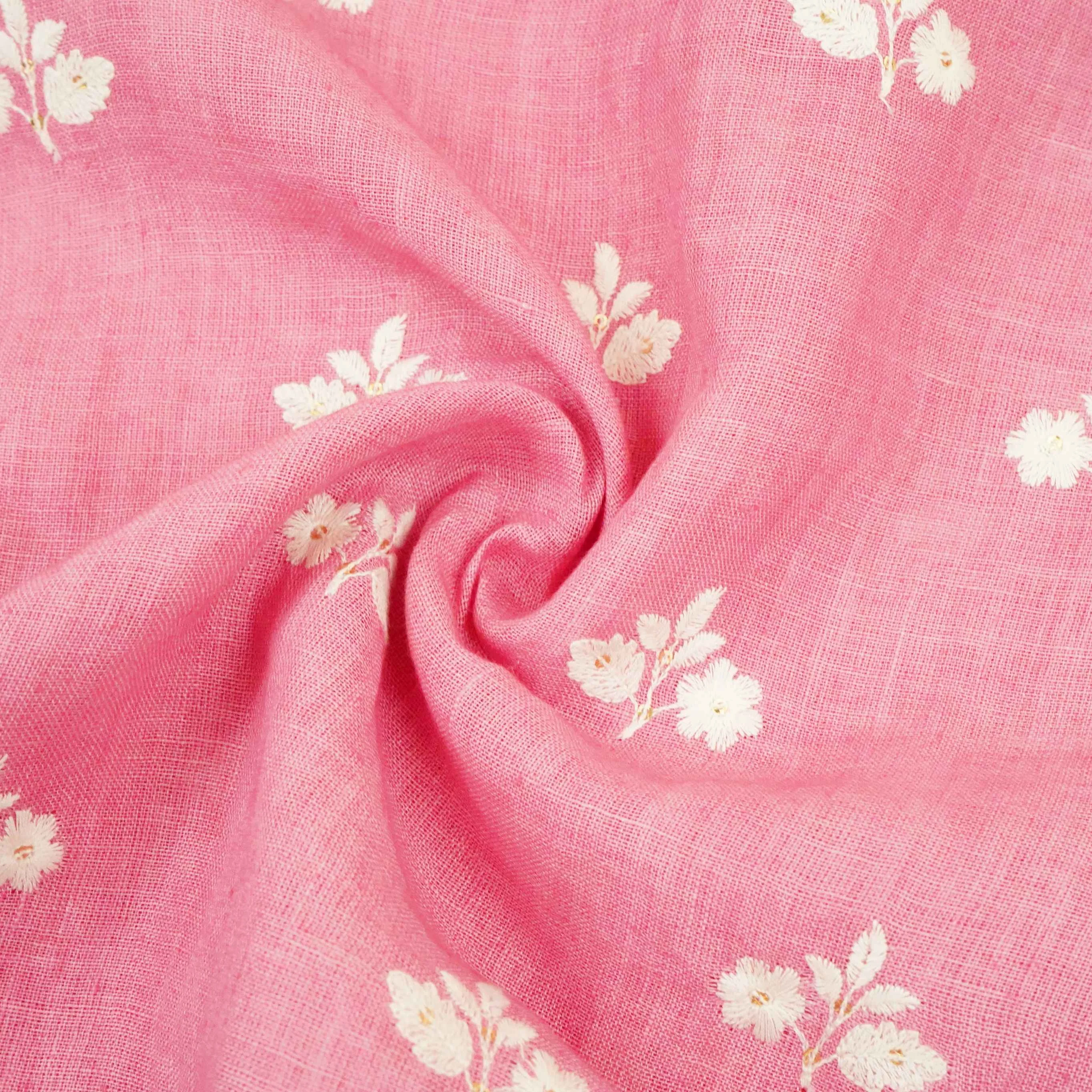 Rose Pink thread embroidery Pure Linen Fabric SN-31148 - Image 4