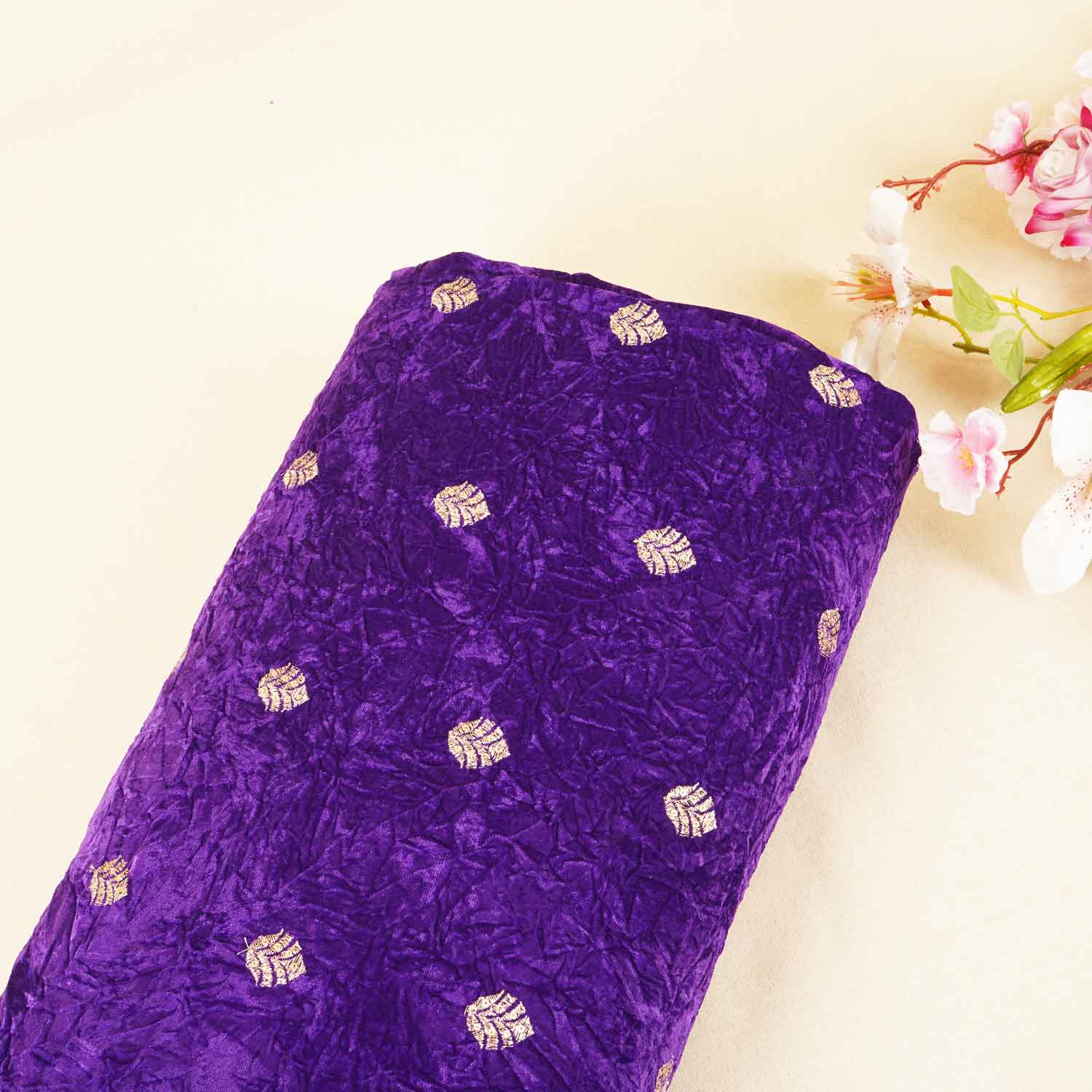 Royal Blue Floral Cutdana Crushed Velvet Fabric SC-28255