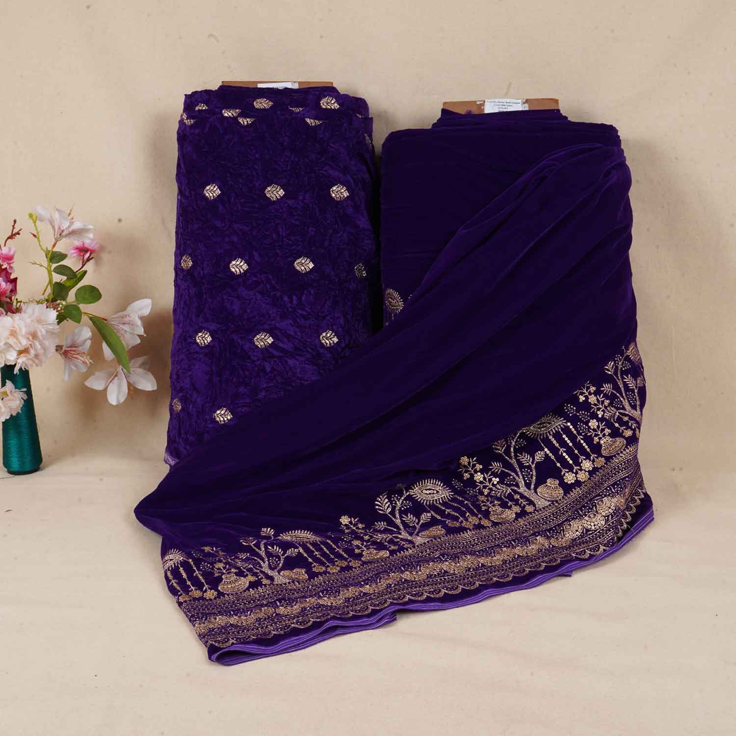 Royal Blue Floral Cutdana Crushed Velvet Fabric SC-28255 - Image 5