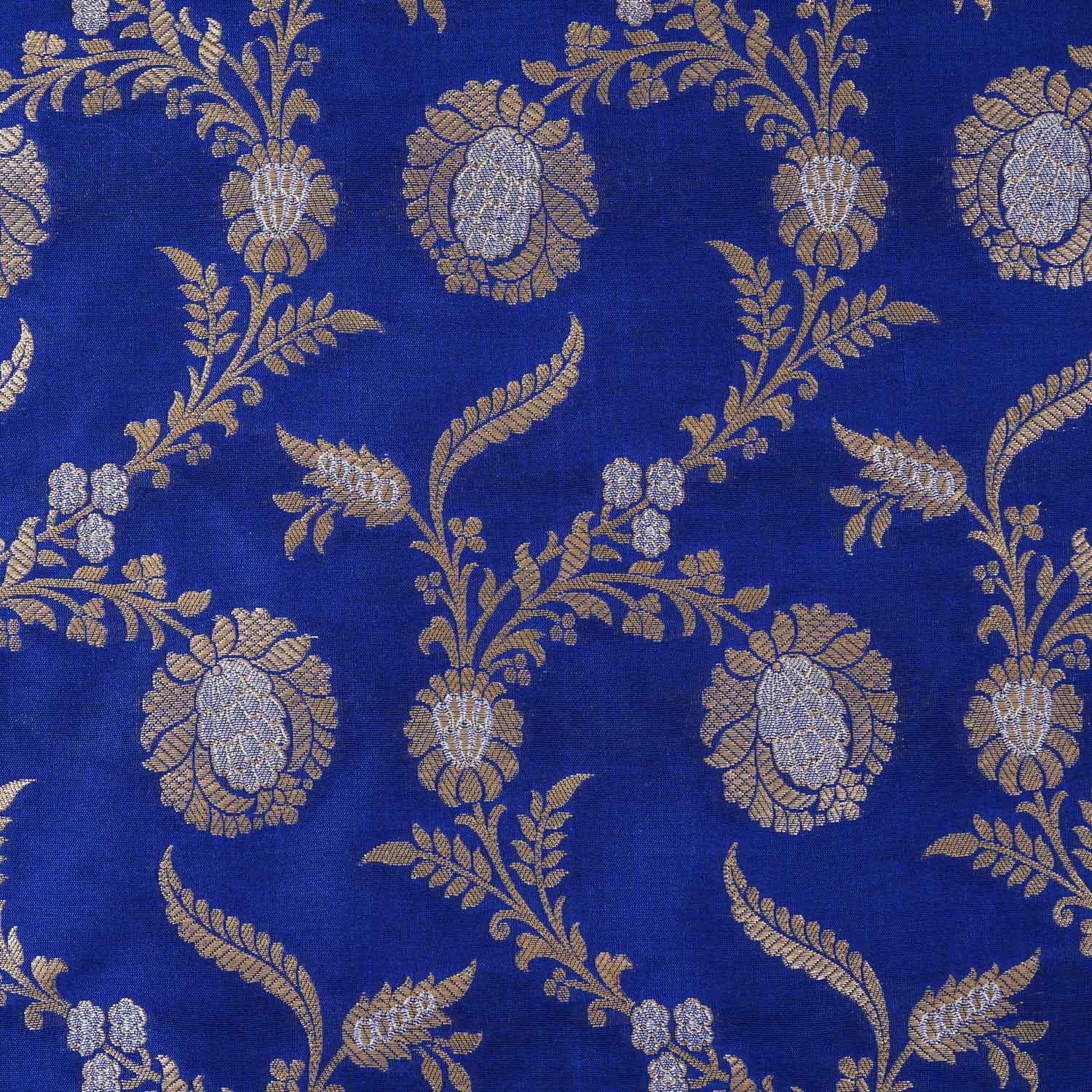 Royal Blue Floral Jaal Katan Silk Fabric NH-28901 - Image 4