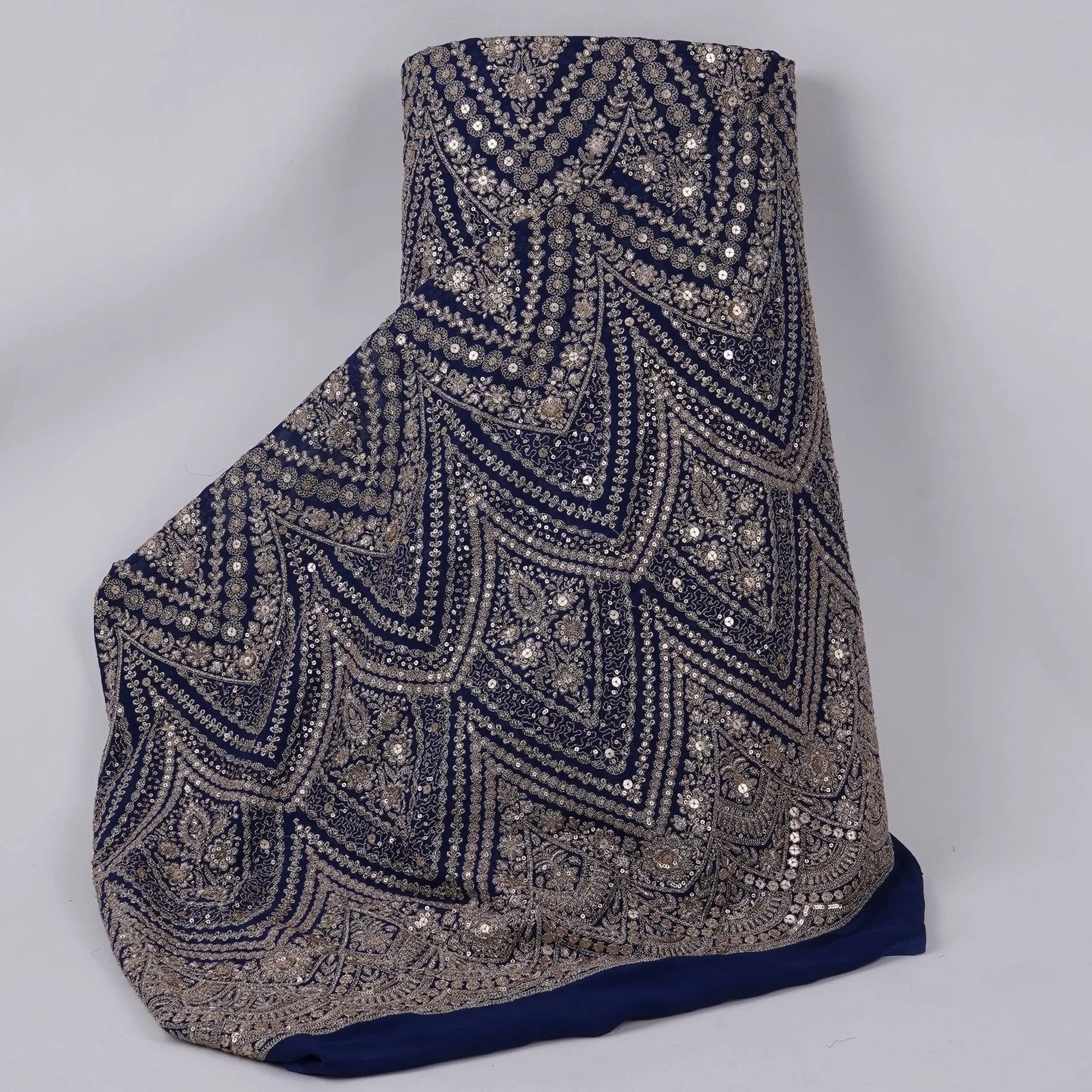 Royal Blue Heavy Zari Sequins Embroidery Georgette Fabric DR-32405
