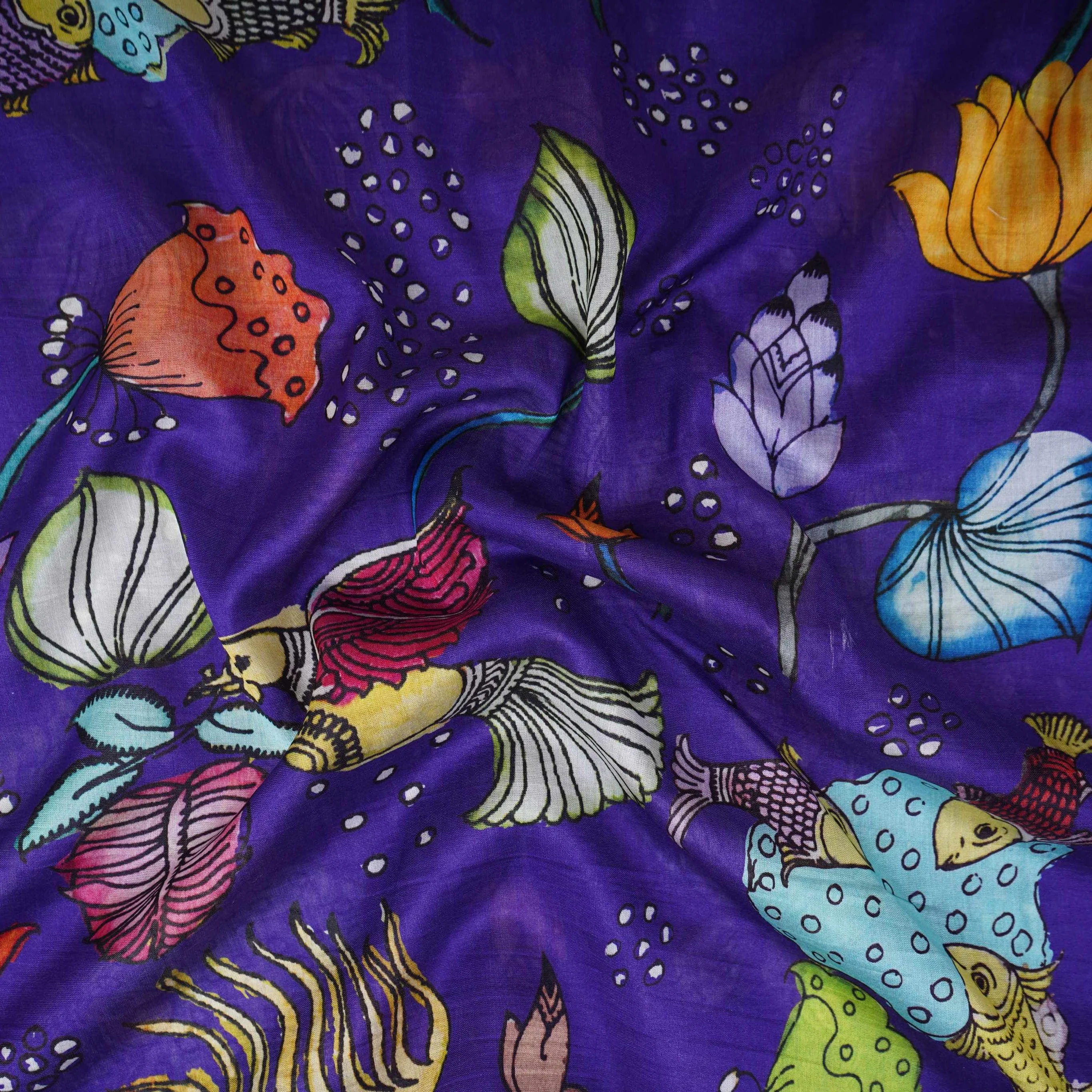 Royal Blue Kalamkari Print Pure 70gm Chanderi Fabric VF-30895 - Image 2