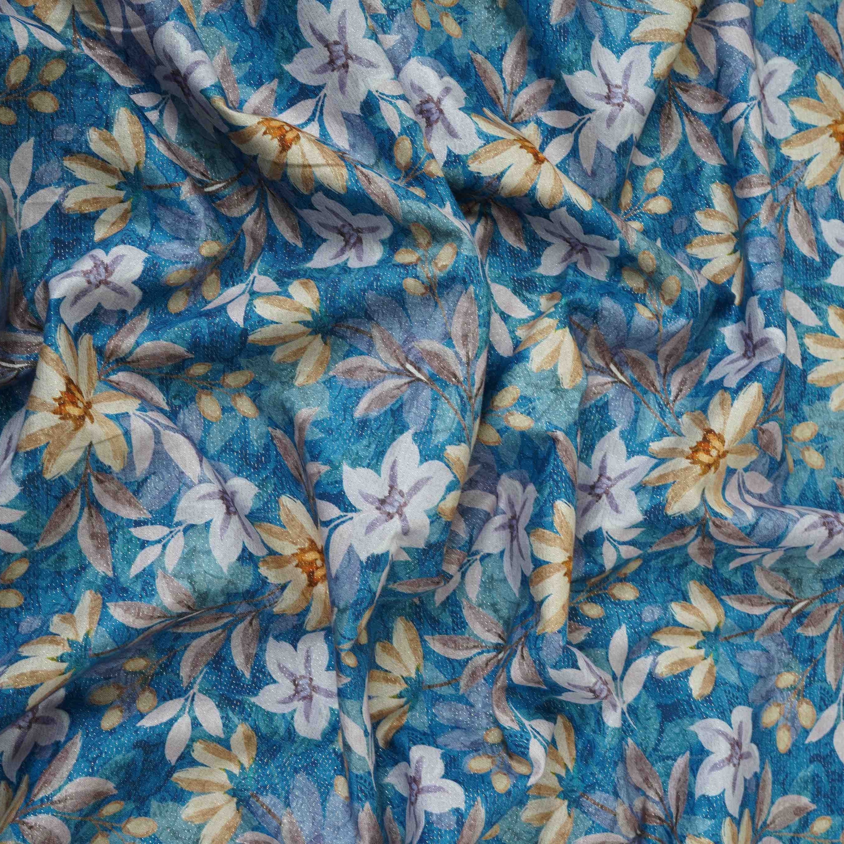 Royal Blue Shimmer floral print 60s Cotton Fabric PI-31876 - Image 3