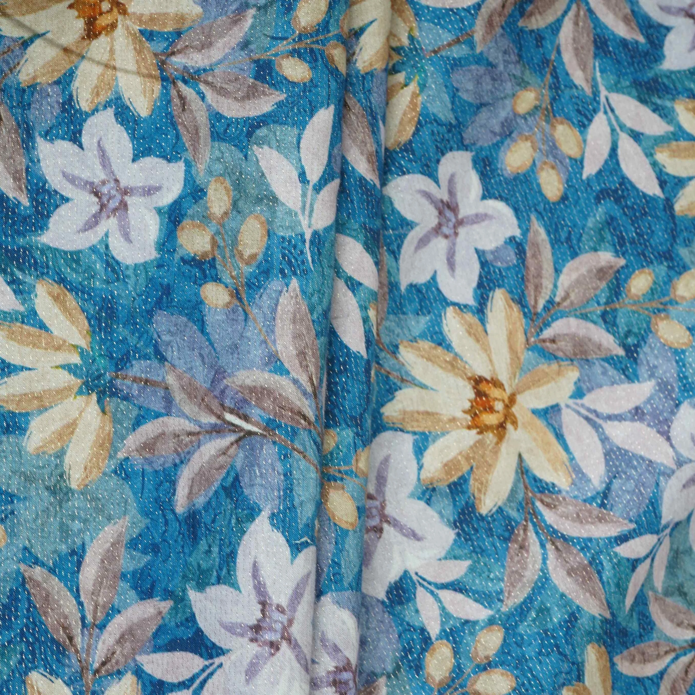 Royal Blue Shimmer floral print 60s Cotton Fabric PI-31876 - Image 5