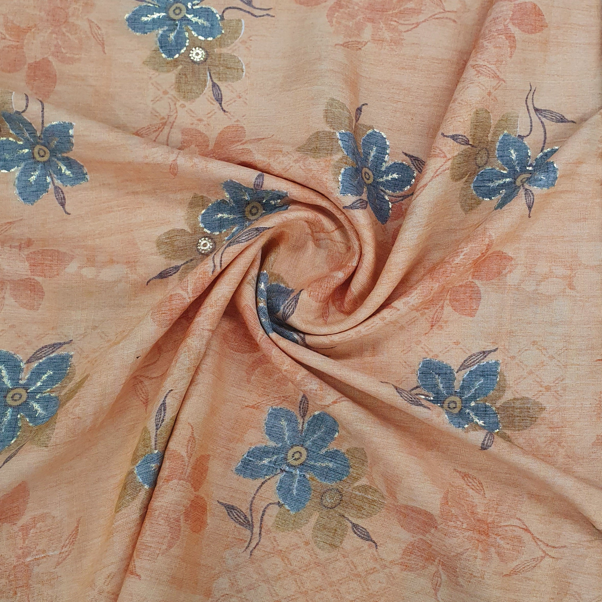 Rust Orange Floral With Foil Print Cotton Slub Fabric