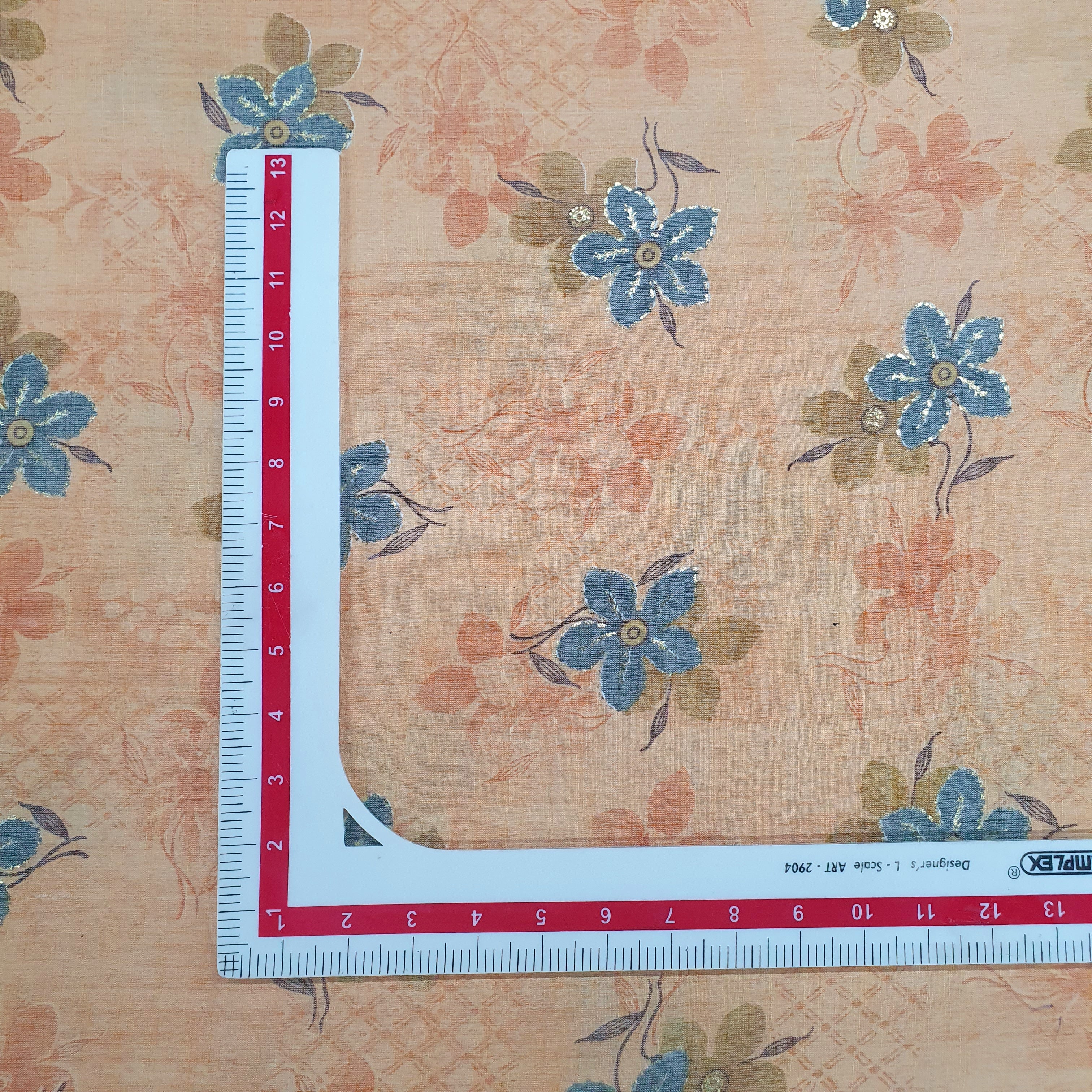 Rust Orange Floral With Foil Print Cotton Slub Fabric - Image 2