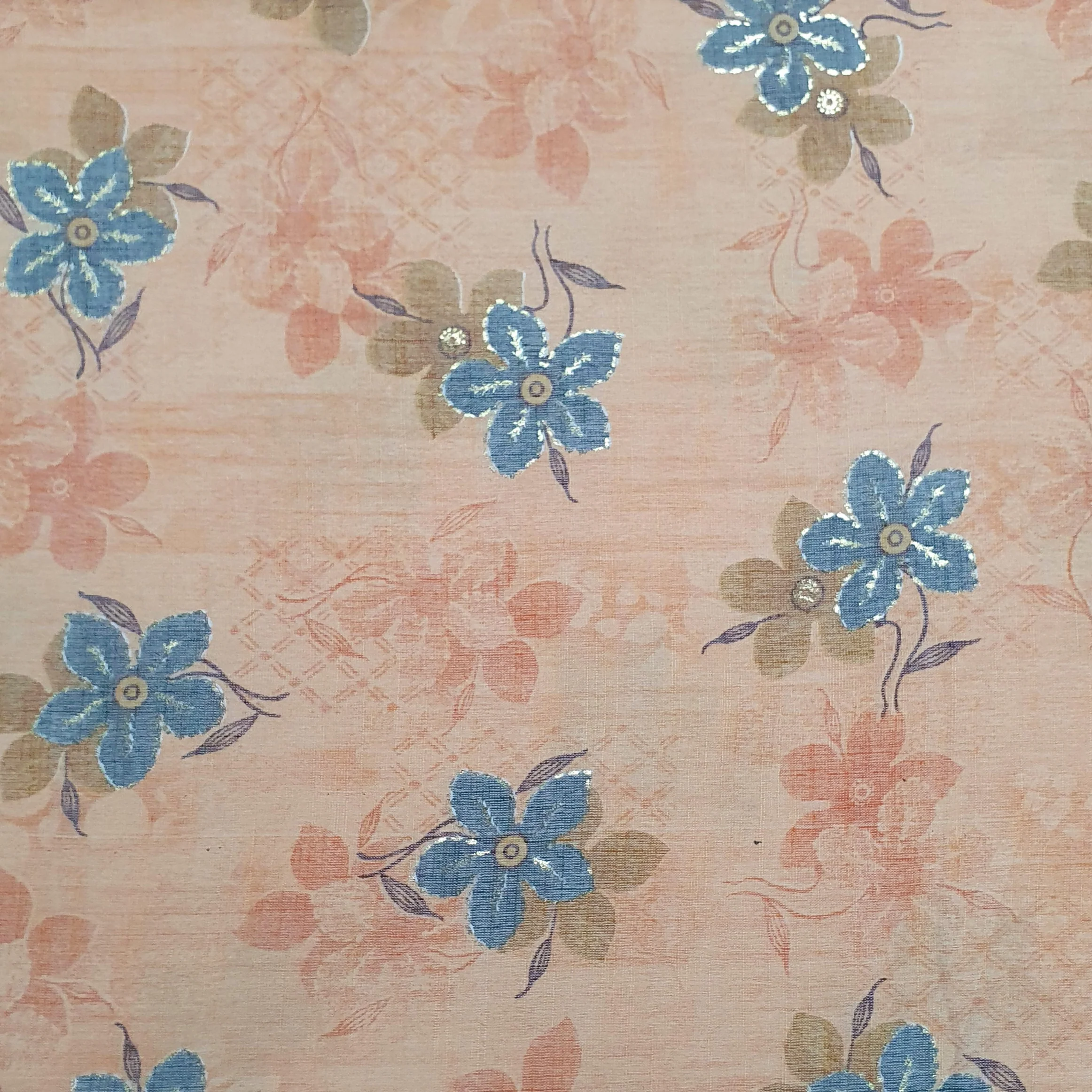 Rust Orange Floral With Foil Print Cotton Slub Fabric - Image 3