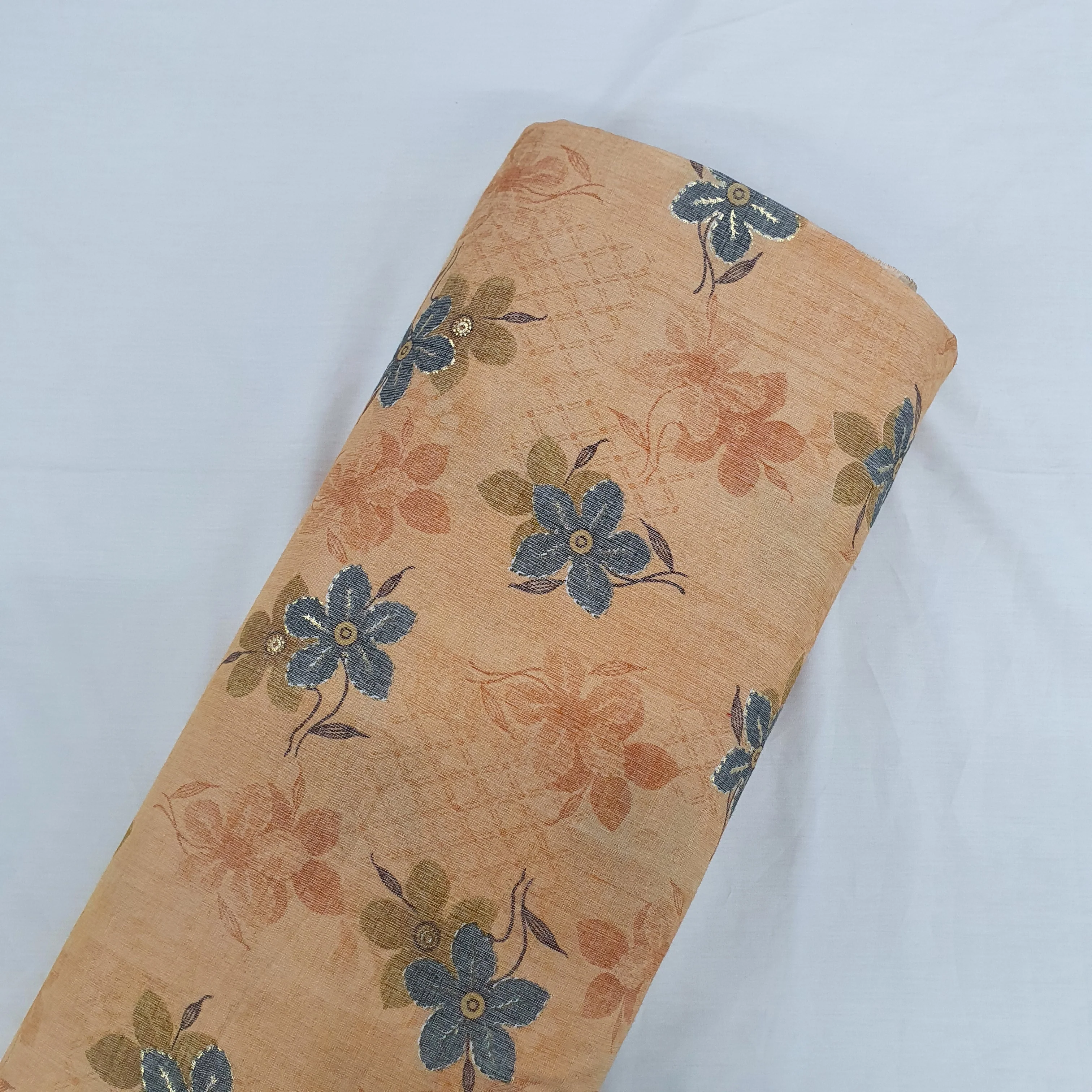Rust Orange Floral With Foil Print Cotton Slub Fabric - Image 4