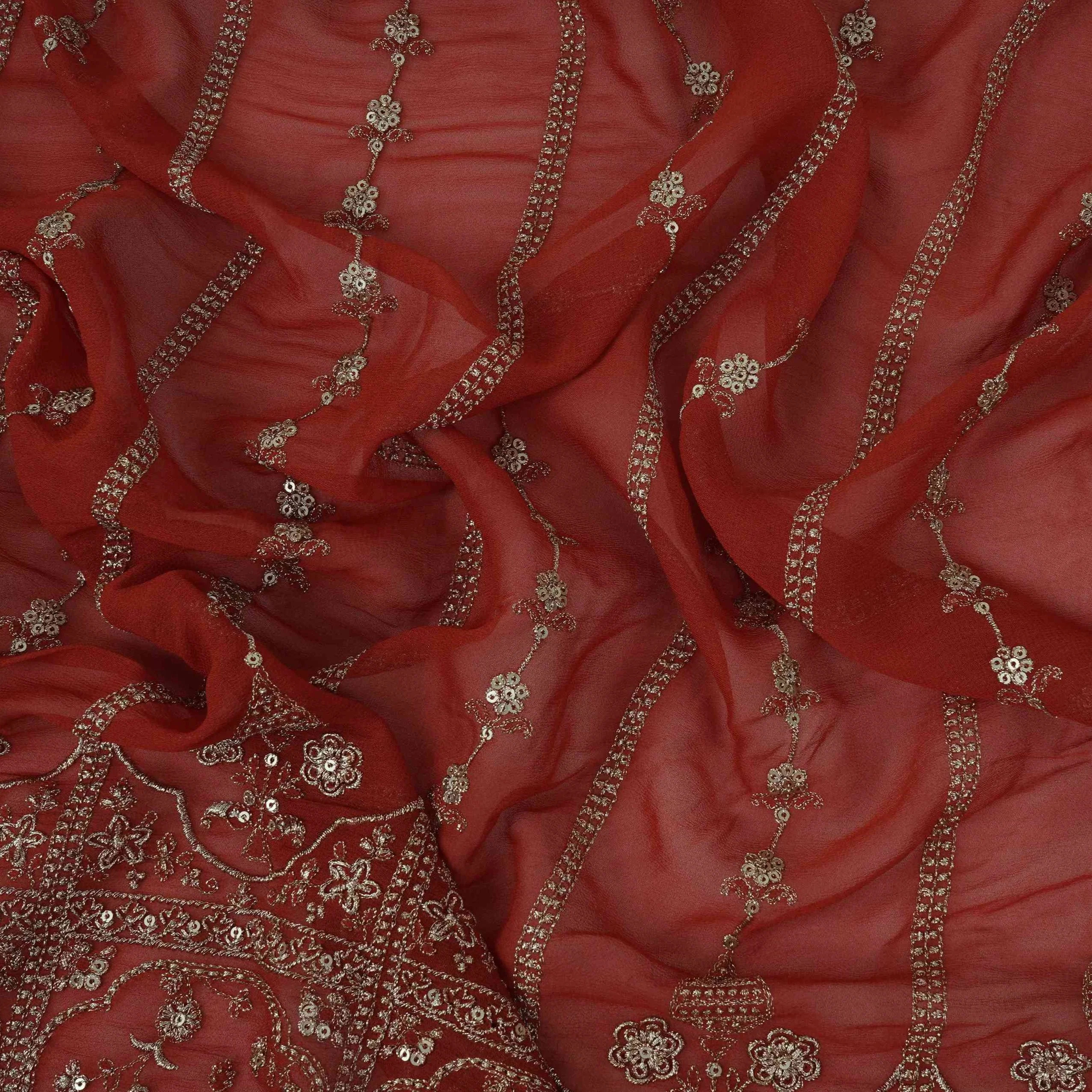 Rust Orange Heavy Zari Sequins Embroidery Georgette Fabric DR-32389 - Image 3