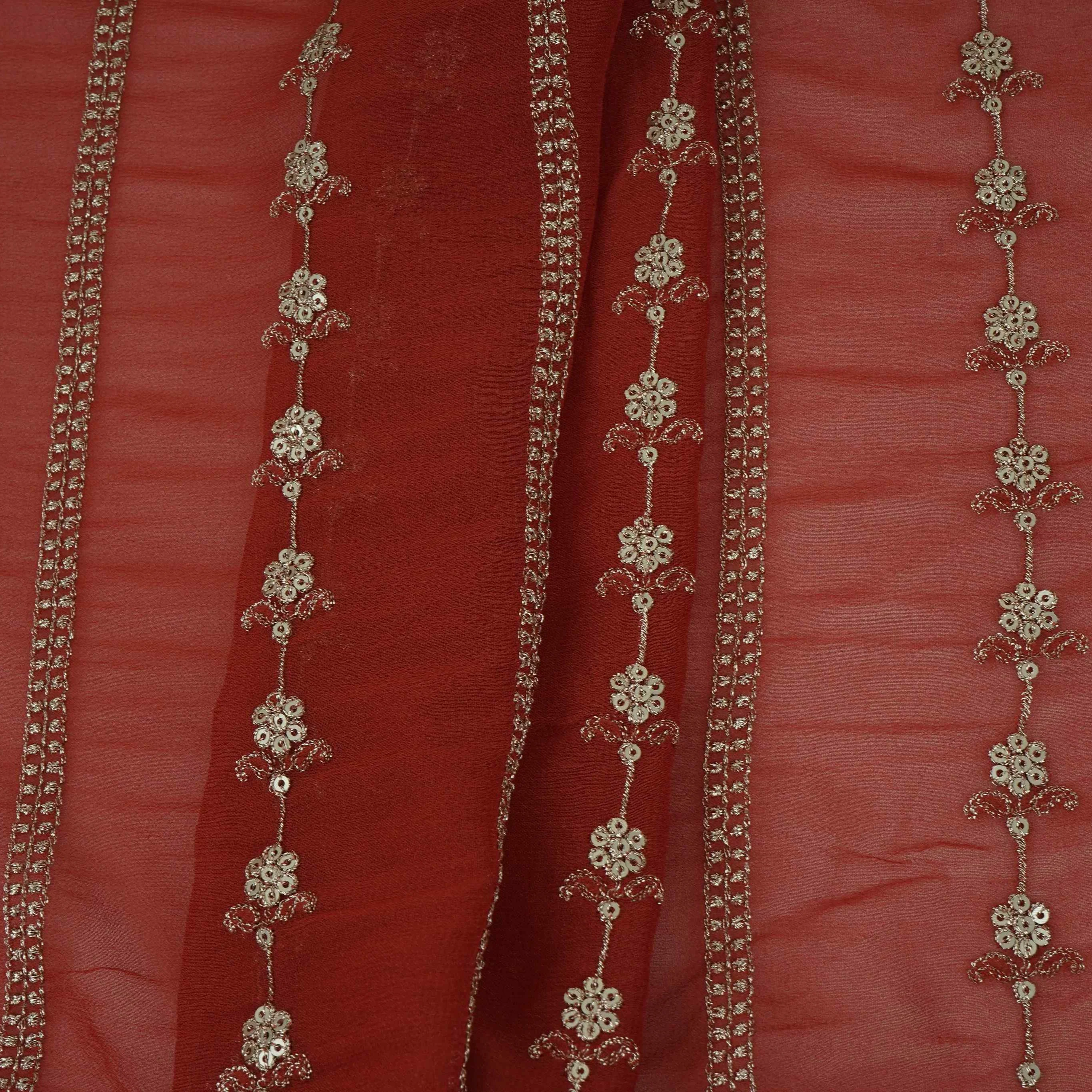 Rust Orange Heavy Zari Sequins Embroidery Georgette Fabric DR-32389 - Image 5