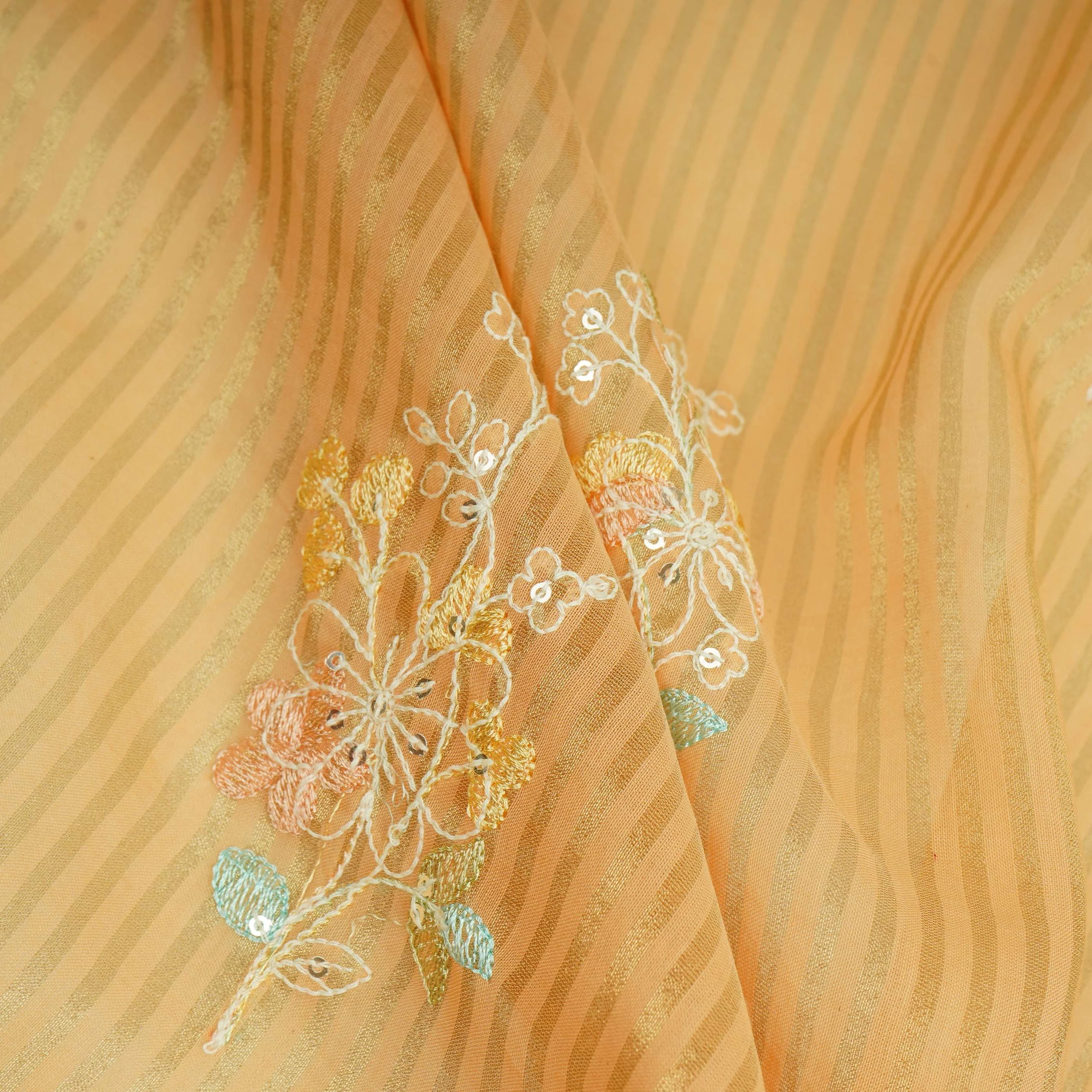 Rust Orange Zari Stripes floral thread embroidery Malai Chanderi Fabric VFS-31543 - Image 4