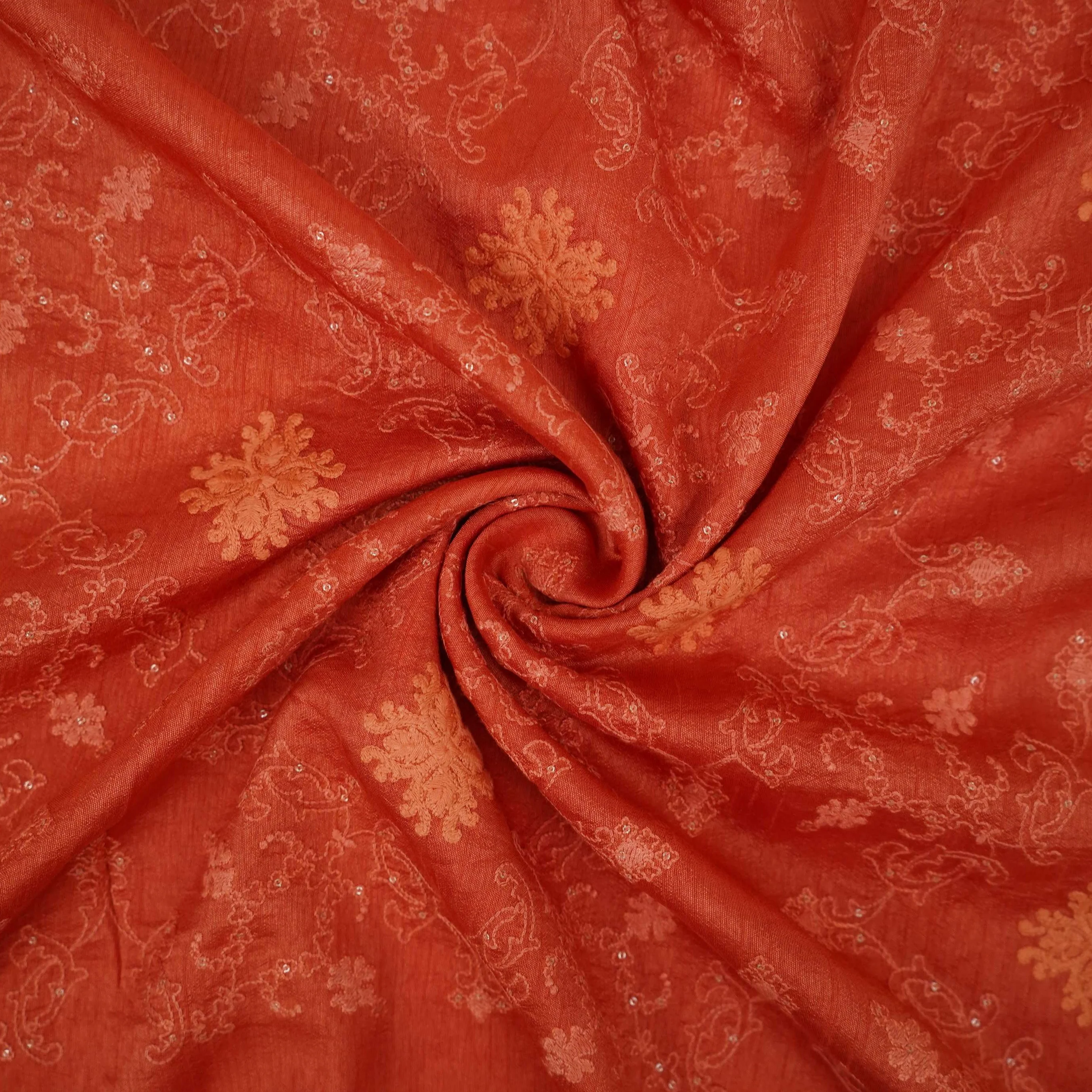 Rust Red floral Jaal embroidery Raw Silk Fabric VFS-31666 - Image 4