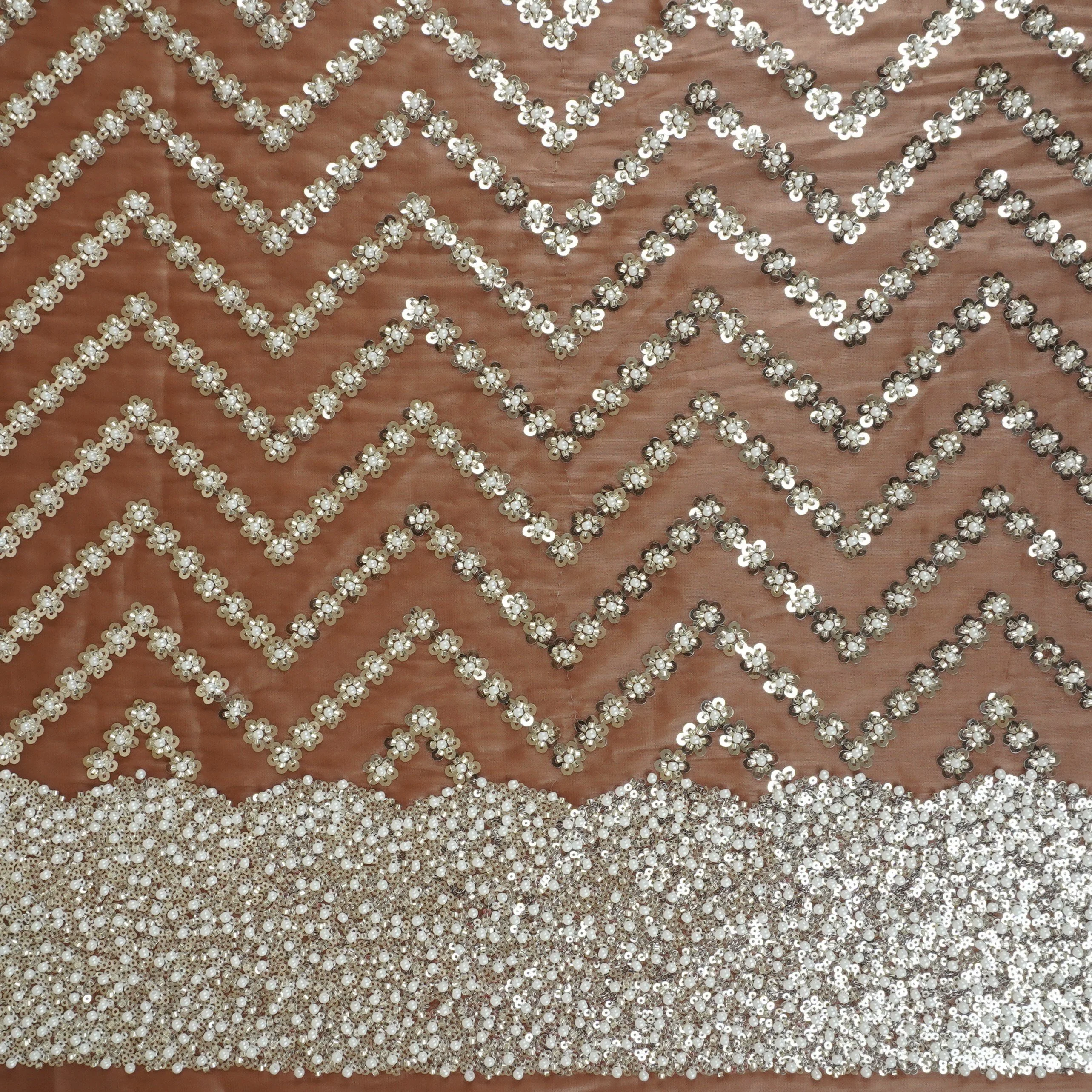 Rust sequence cutdana embroidery Organza Fabric LI-29197 - Image 3