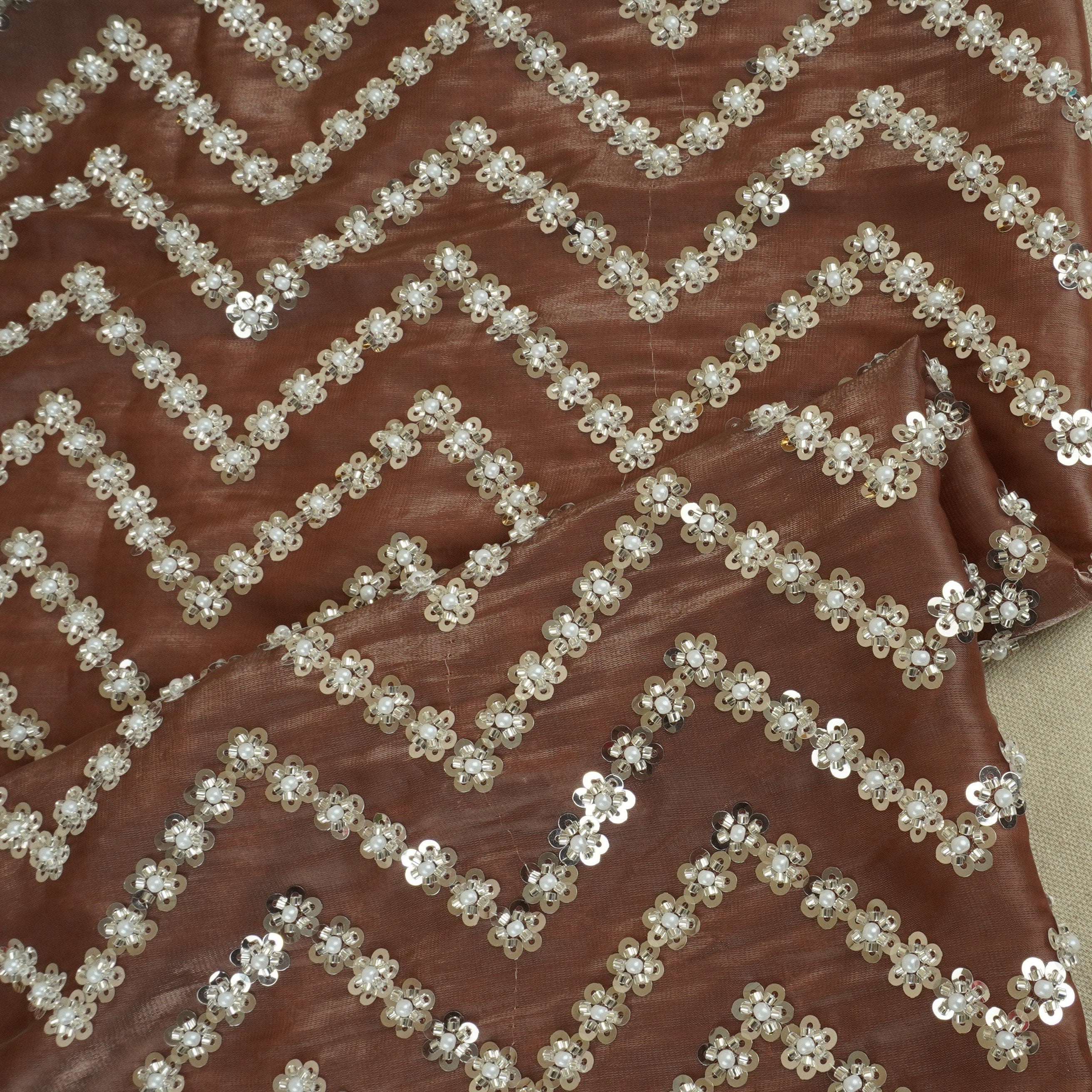 Rust sequence cutdana embroidery Organza Fabric LI-29197 - Image 4