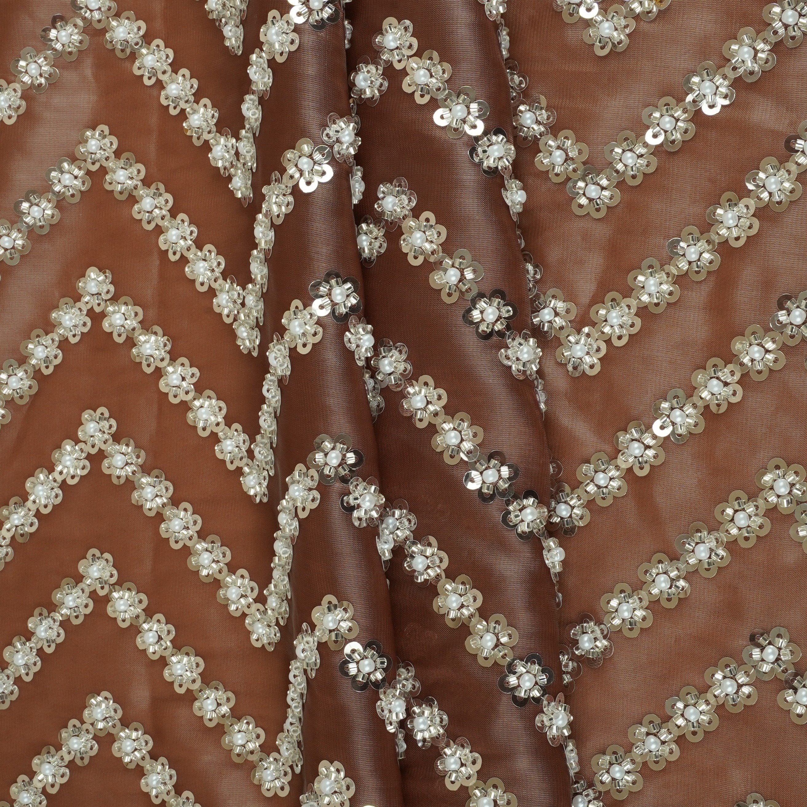 Rust sequence cutdana embroidery Organza Fabric LI-29197 - Image 5