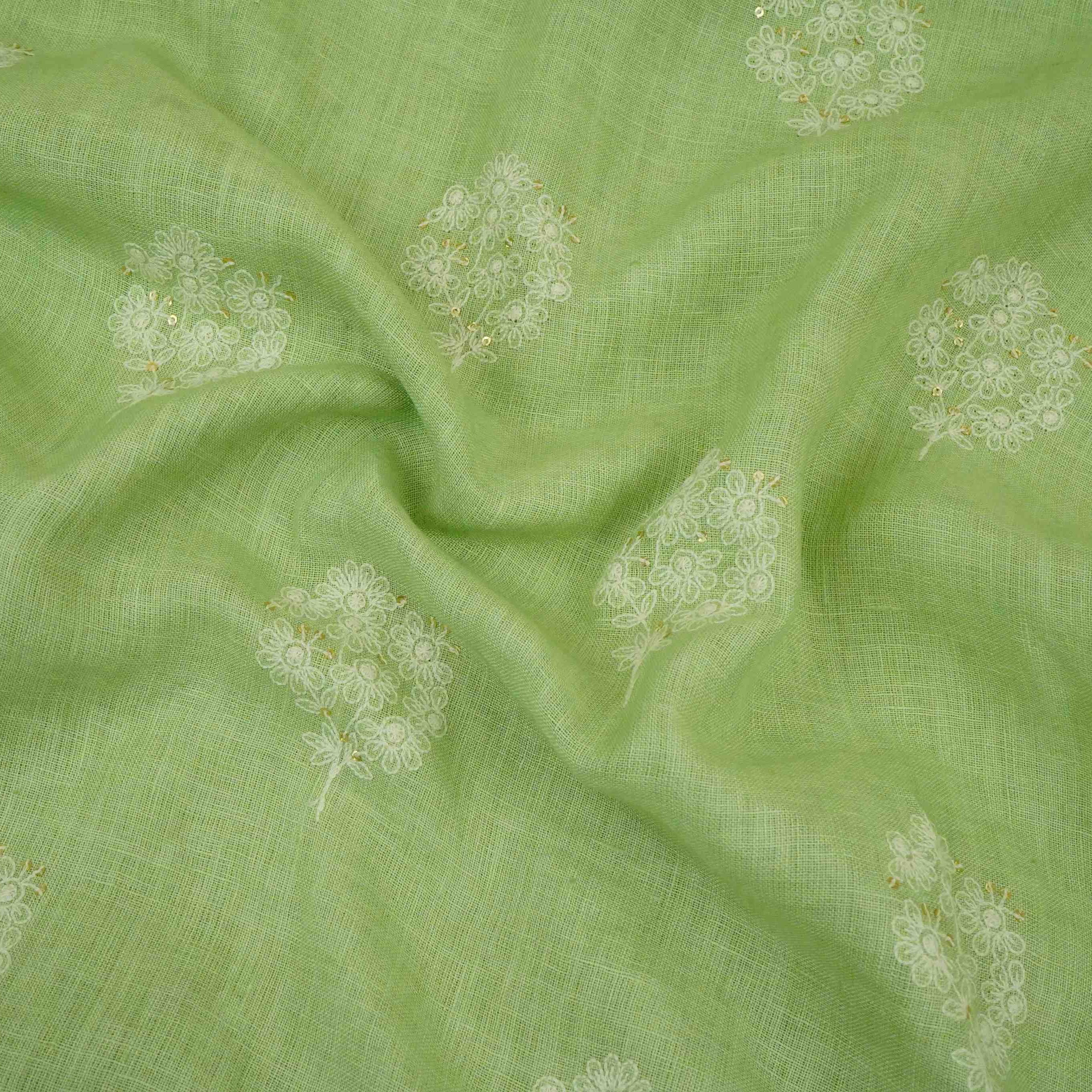 Sage Green floral embroidery Pure Linen Fabric SN-31143 - Image 2