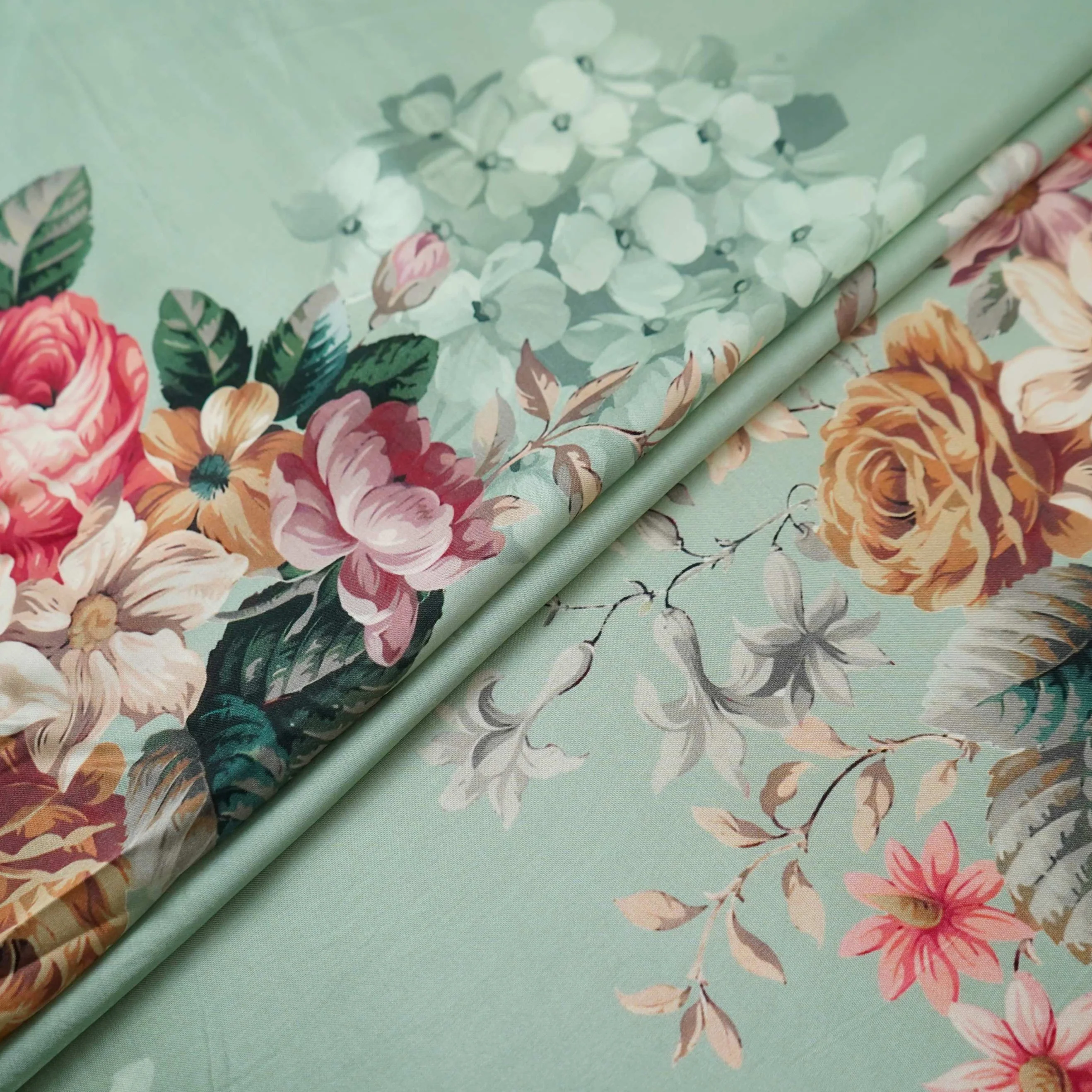 Sage Green floral print Silk Satin Fabric NVC-31557 - Image 5