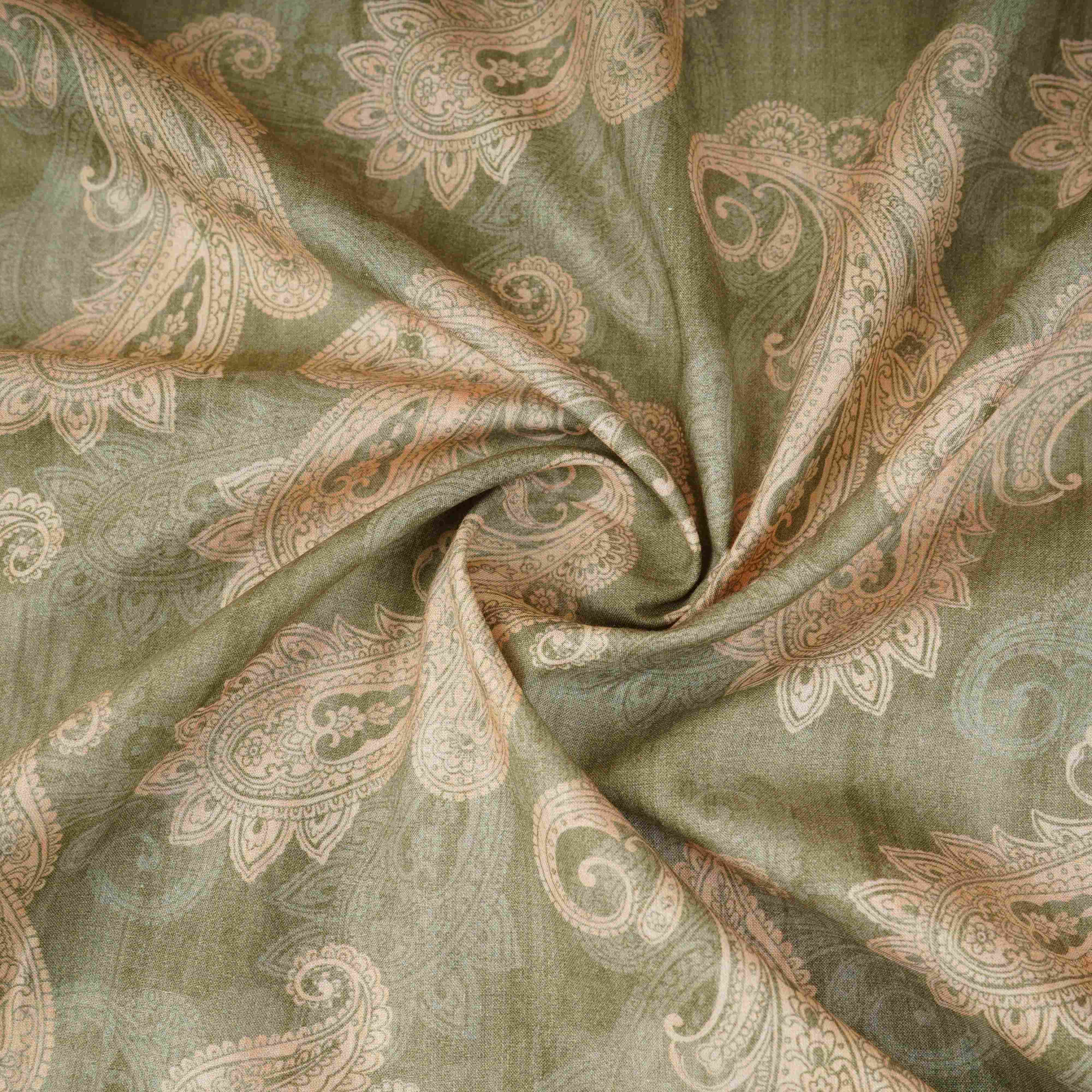 Sage Green Paisley Print Cotton Mulmul Fabric PG-30475 - Image 3
