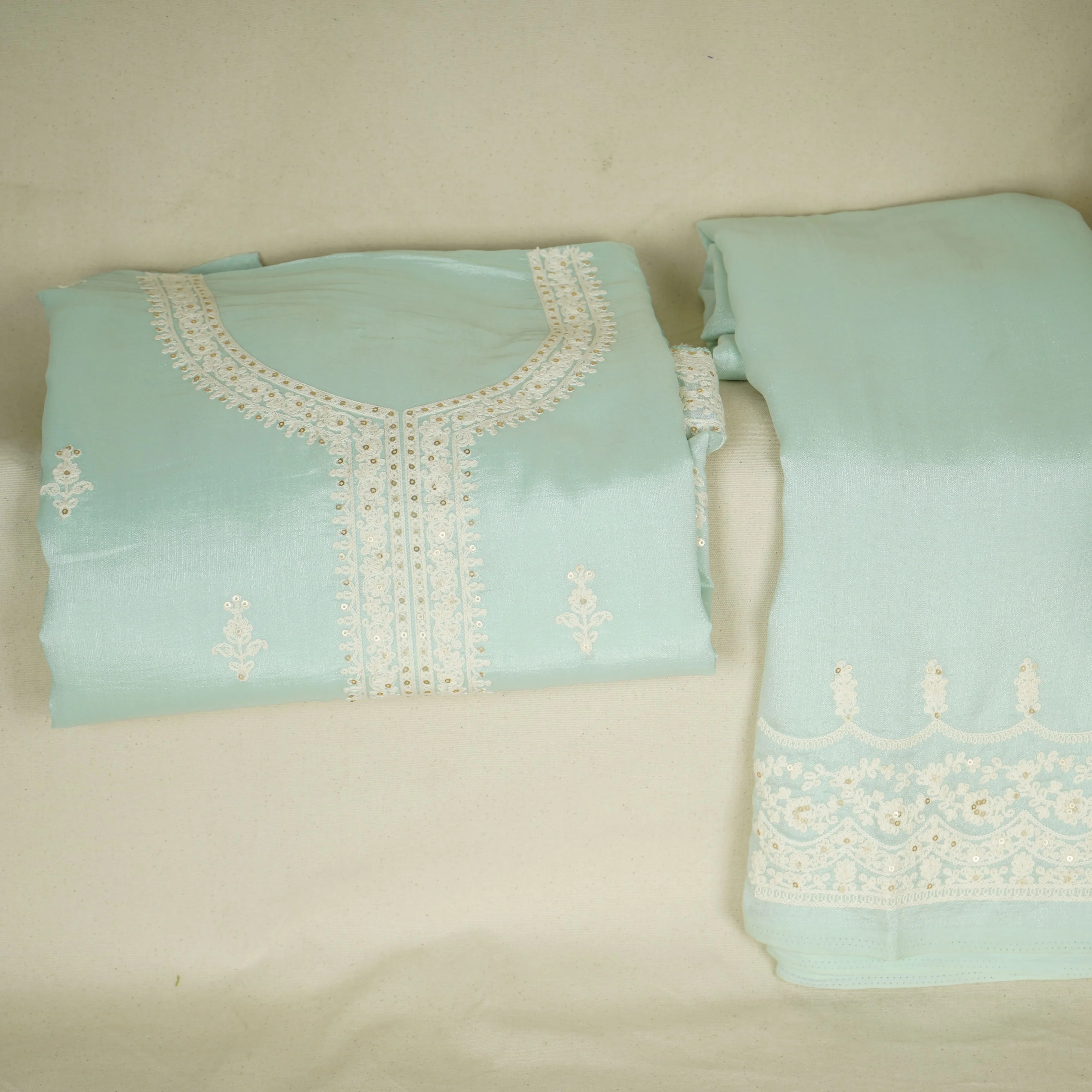 Sage Green Purple Chikankari Embroidery Pure Chinnon Suit Set With Dupatta - Image 2