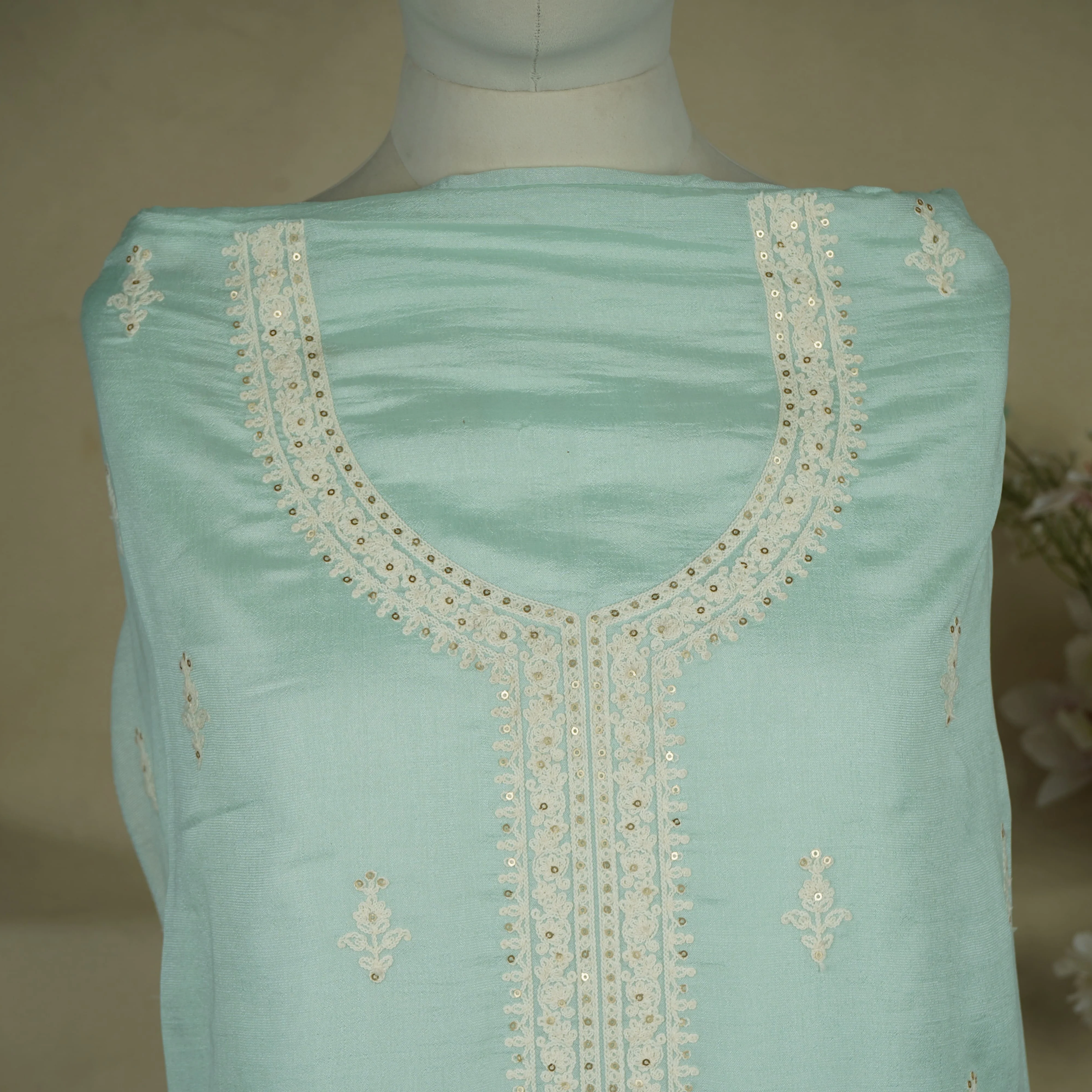 Sage Green Purple Chikankari Embroidery Pure Chinnon Suit Set With Dupatta - Image 3