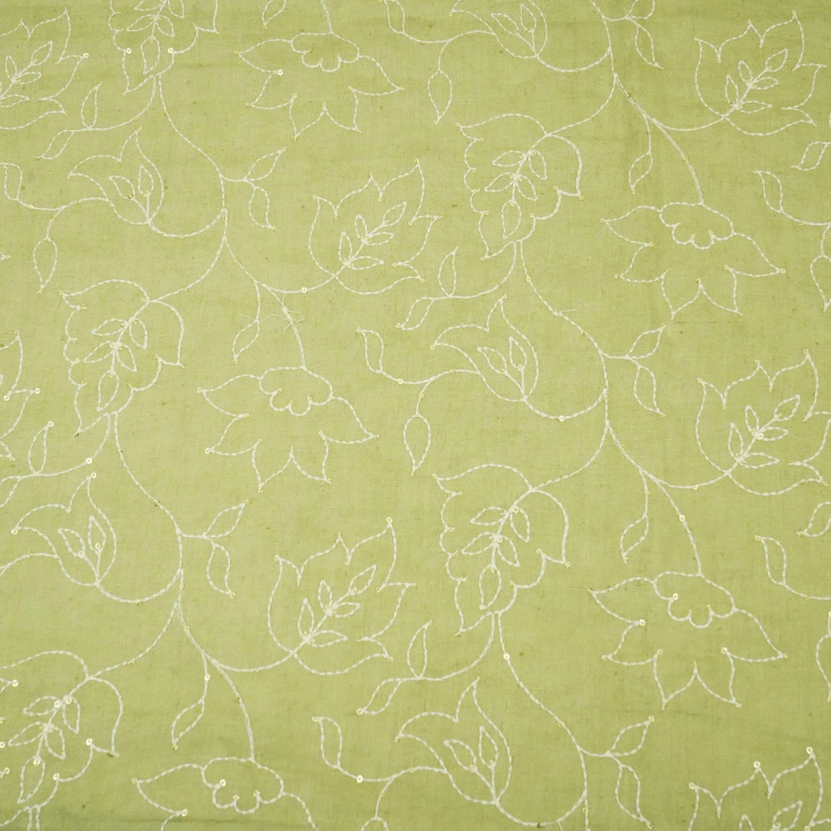Sage Green thread embroidery Pure Linen Fabric SN-31241 - Image 2
