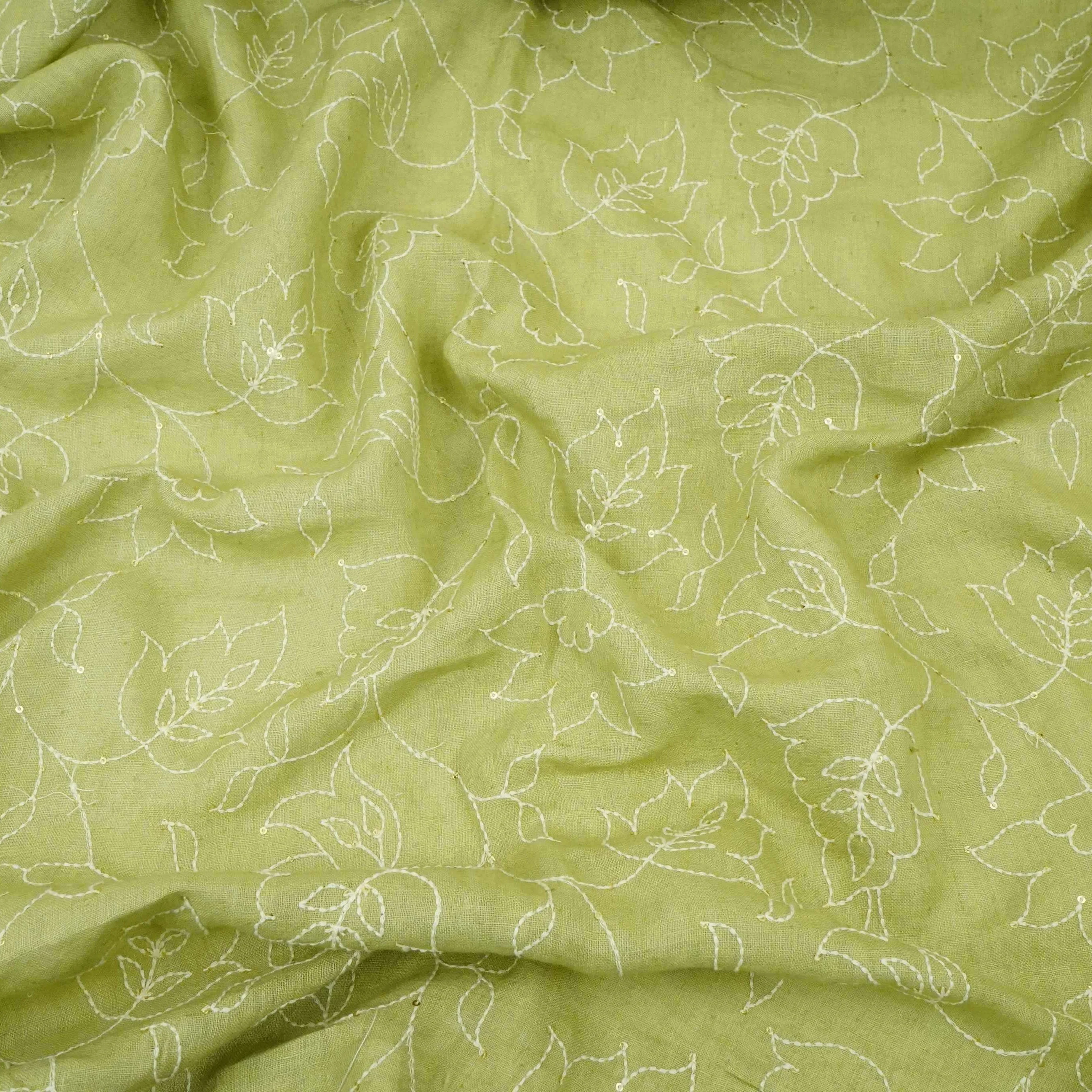 Sage Green thread embroidery Pure Linen Fabric SN-31241 - Image 3
