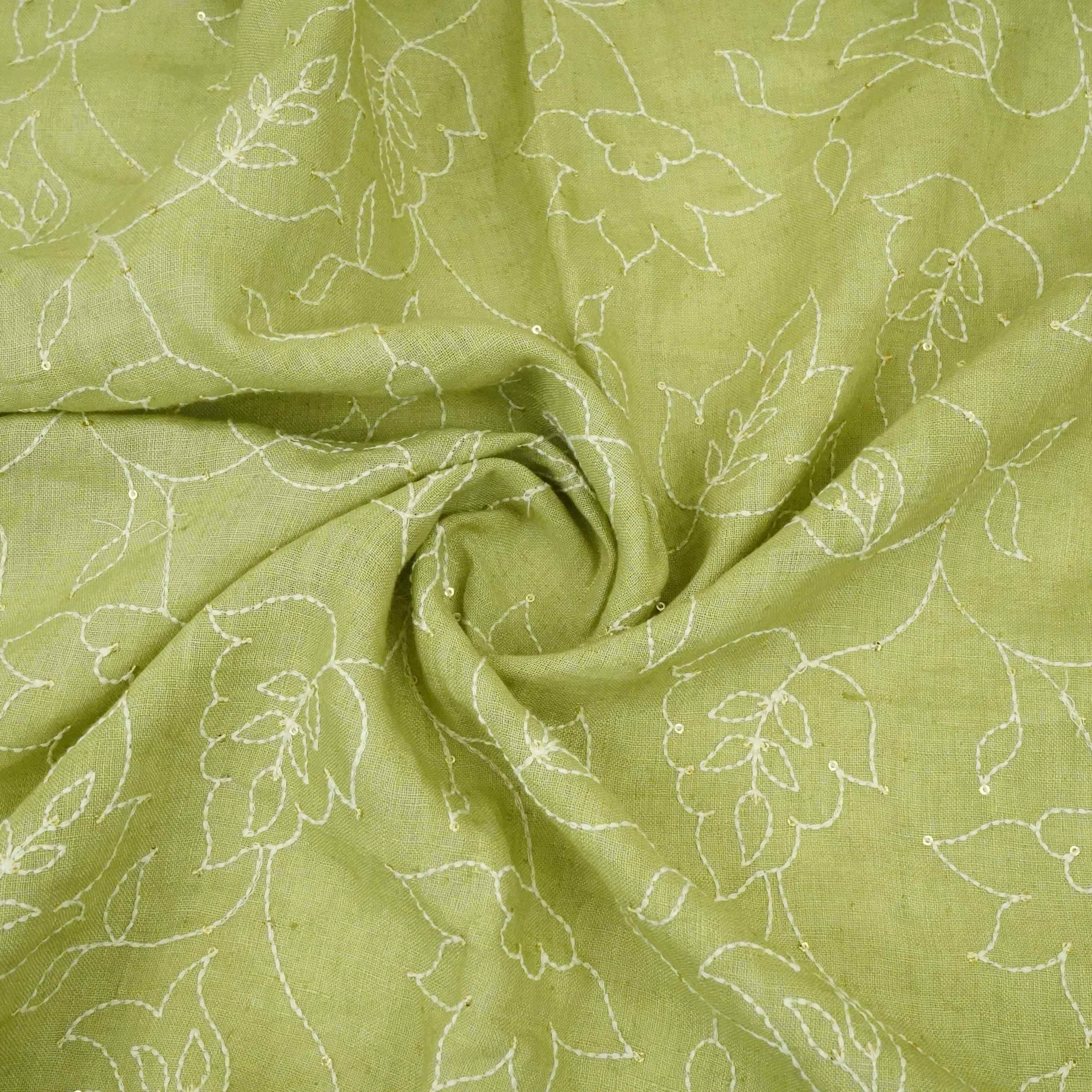 Sage Green thread embroidery Pure Linen Fabric SN-31241 - Image 4