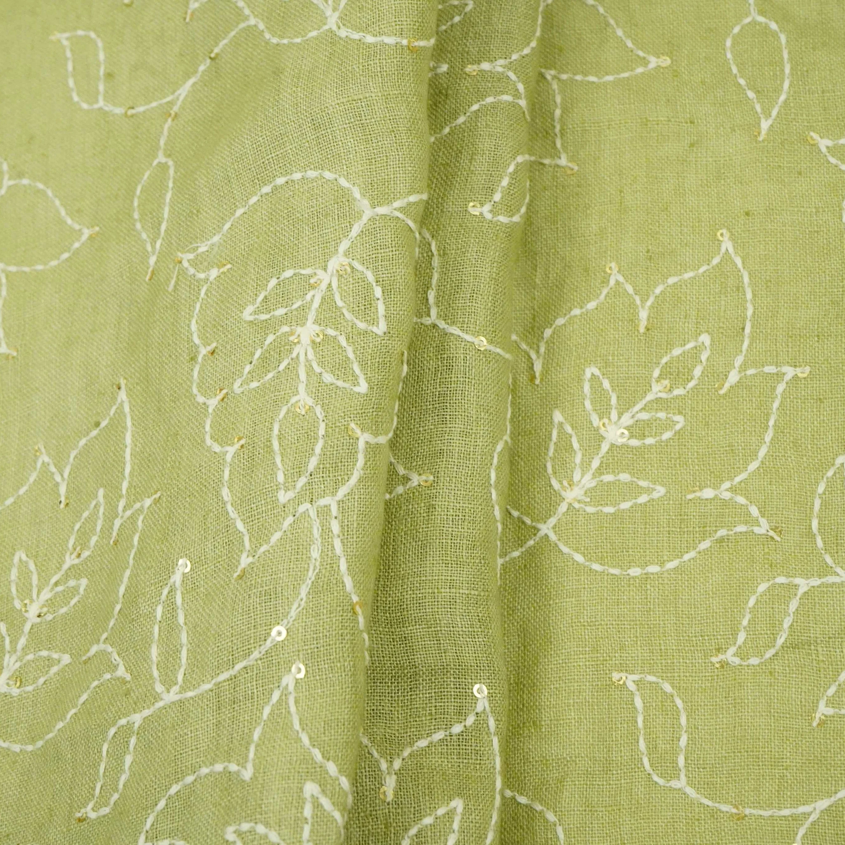 Sage Green thread embroidery Pure Linen Fabric SN-31241 - Image 5