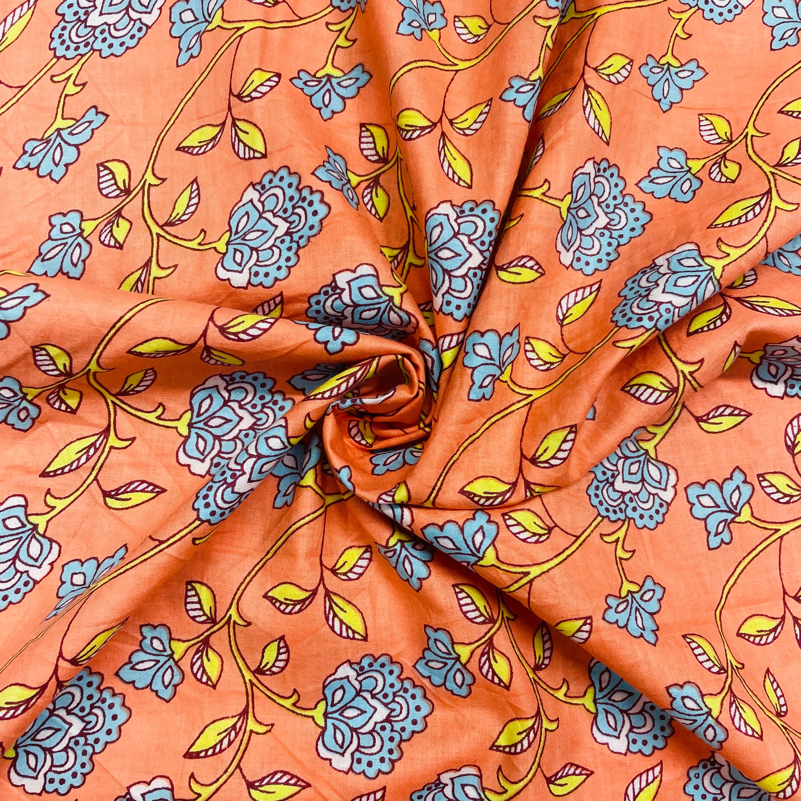 Salmon Pink & Blue Floral Print Cotton Fabric
