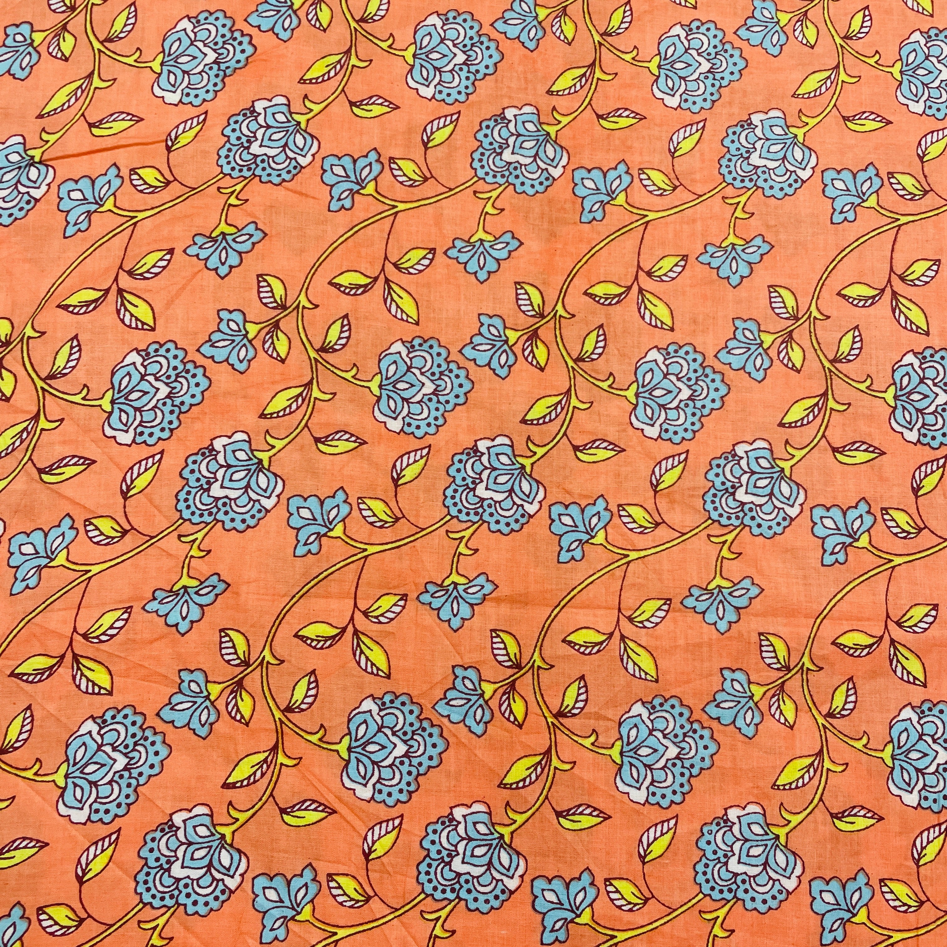 Salmon Pink & Blue Floral Print Cotton Fabric - Image 2