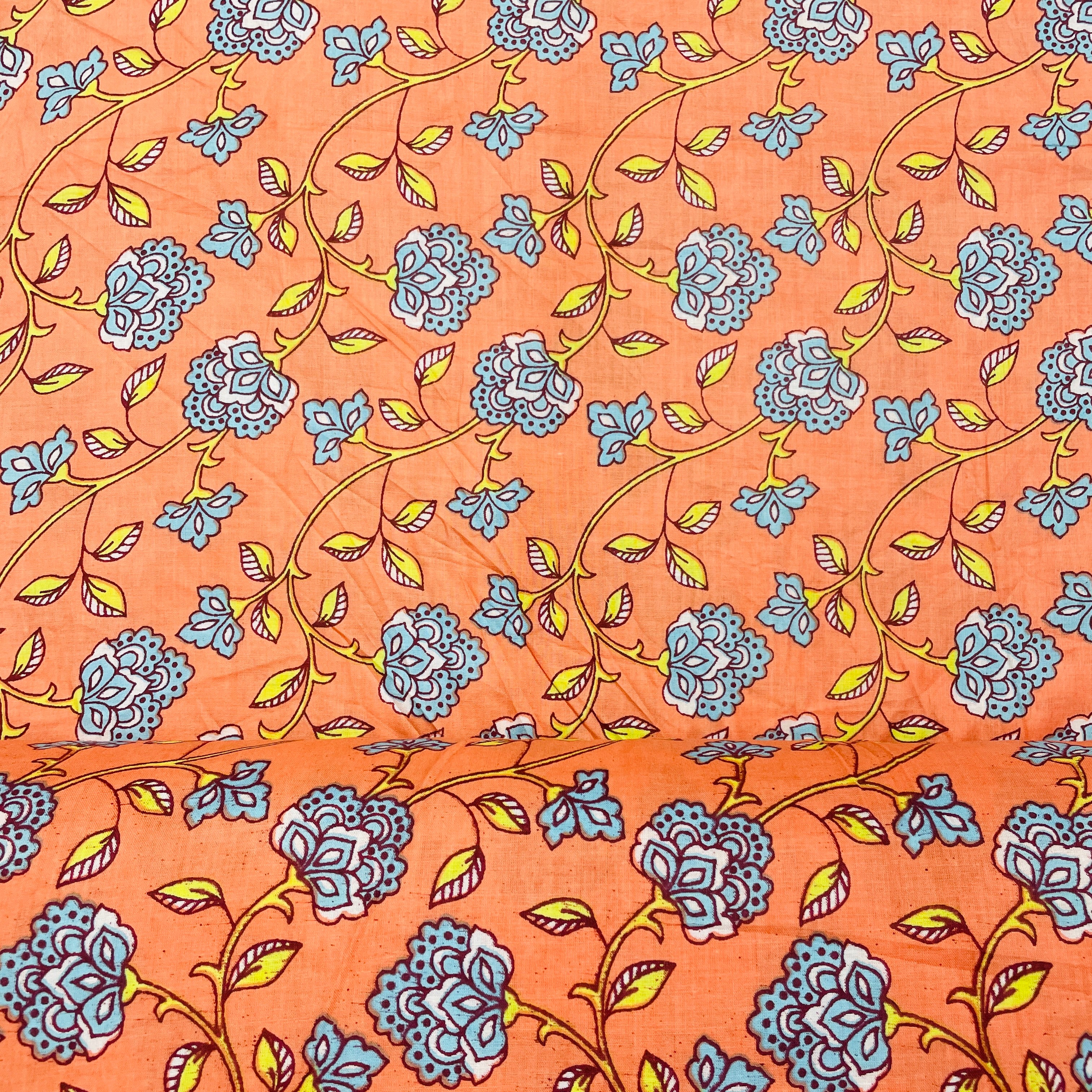 Salmon Pink & Blue Floral Print Cotton Fabric - Image 3