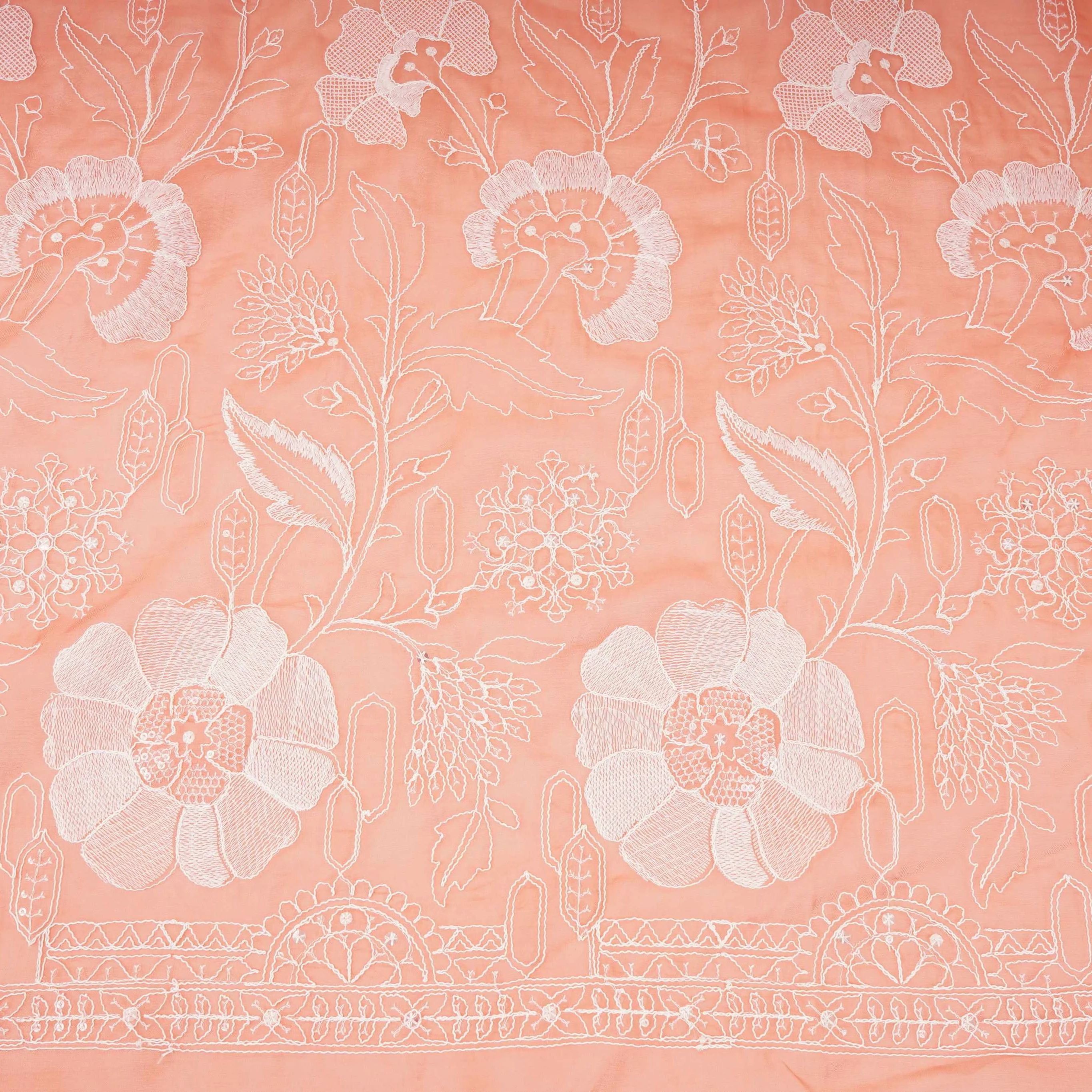 Salmon Pink Chikankari embroidery Organza Fabric VFS-31705 - Image 2