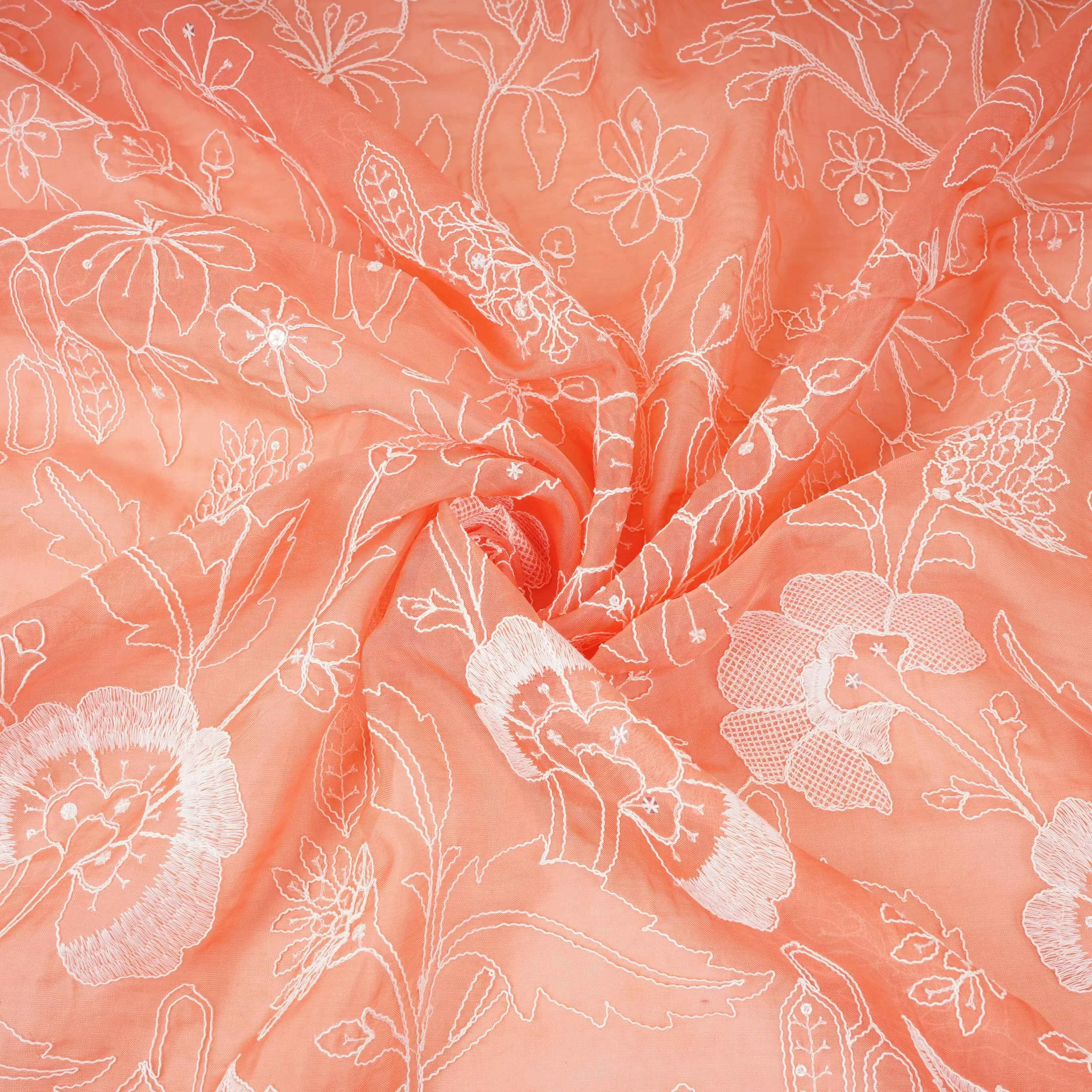 Salmon Pink Chikankari embroidery Organza Fabric VFS-31705 - Image 3