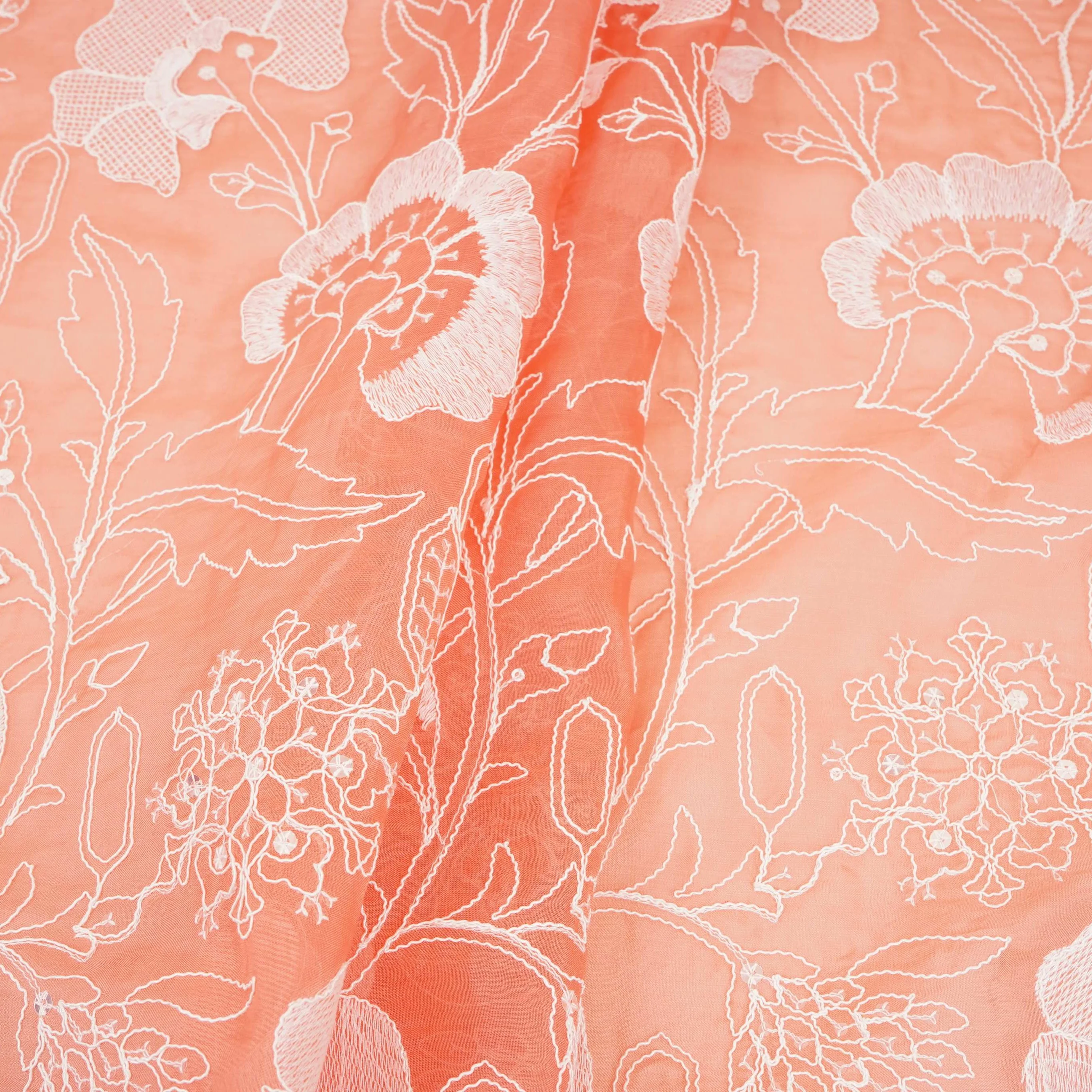 Salmon Pink Chikankari embroidery Organza Fabric VFS-31705 - Image 4