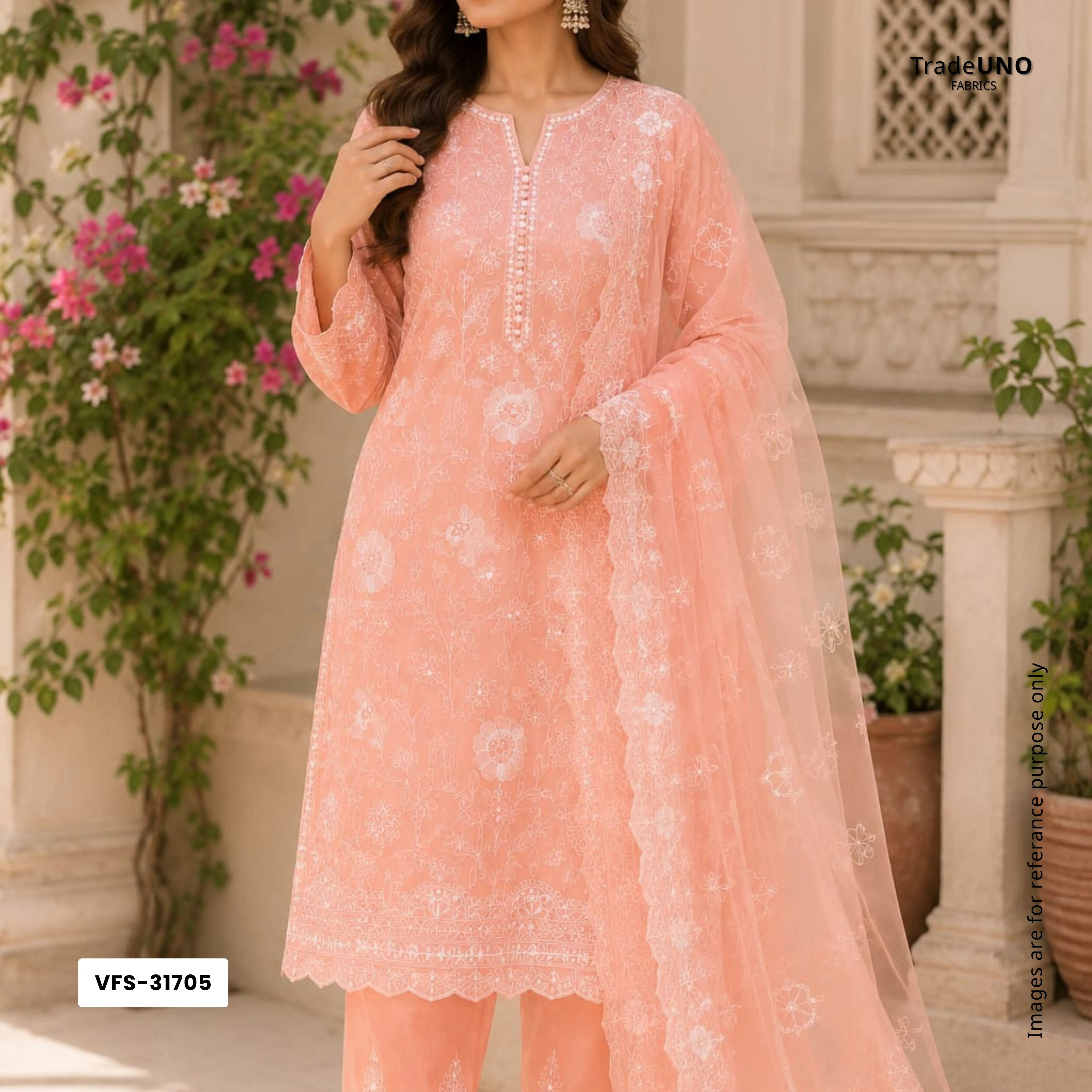 Salmon Pink Chikankari embroidery Organza Fabric VFS-31705 - Image 6