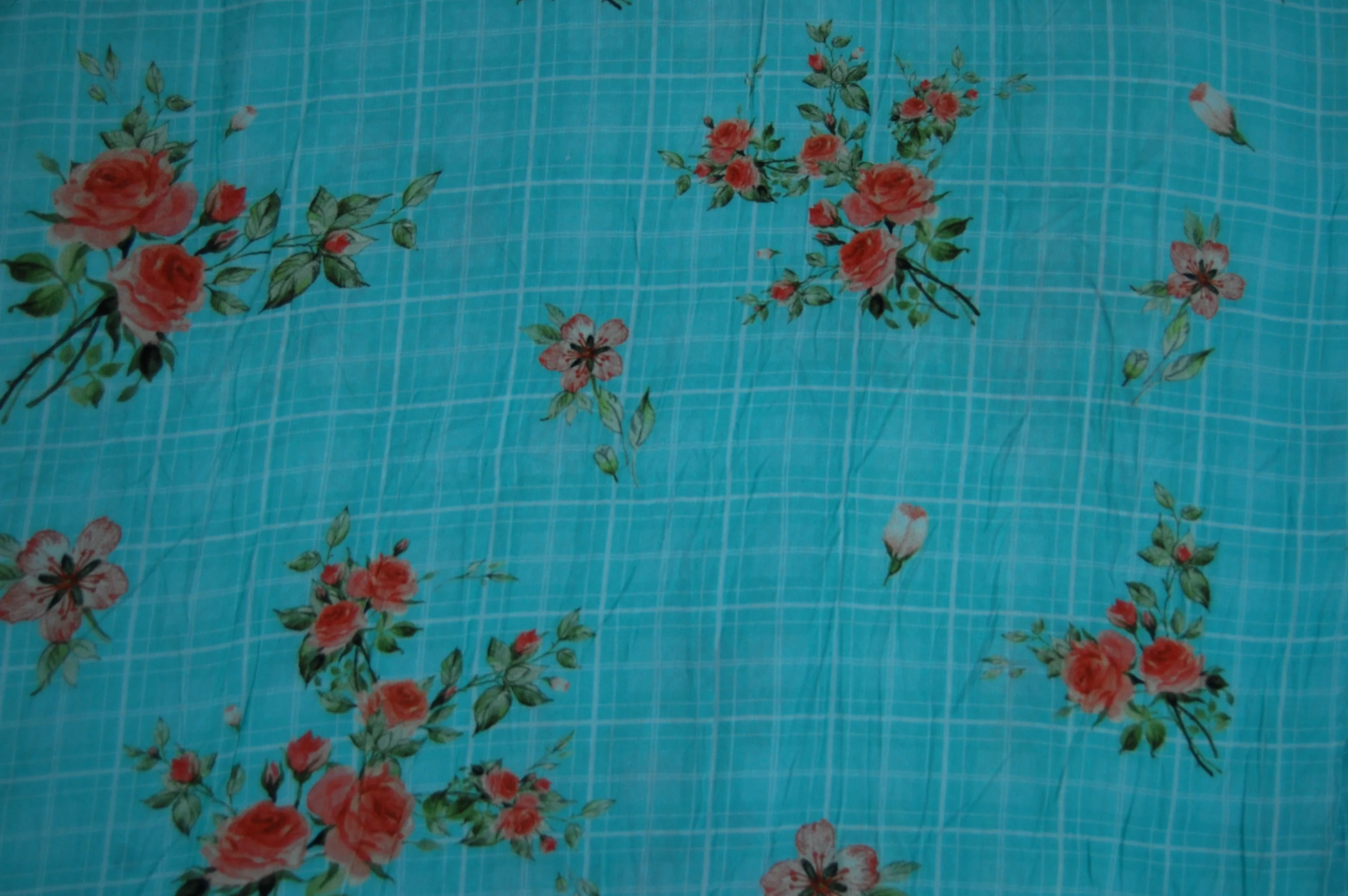 Sea Green Check Floral Print Viscose Dobby Fabric - Image 3