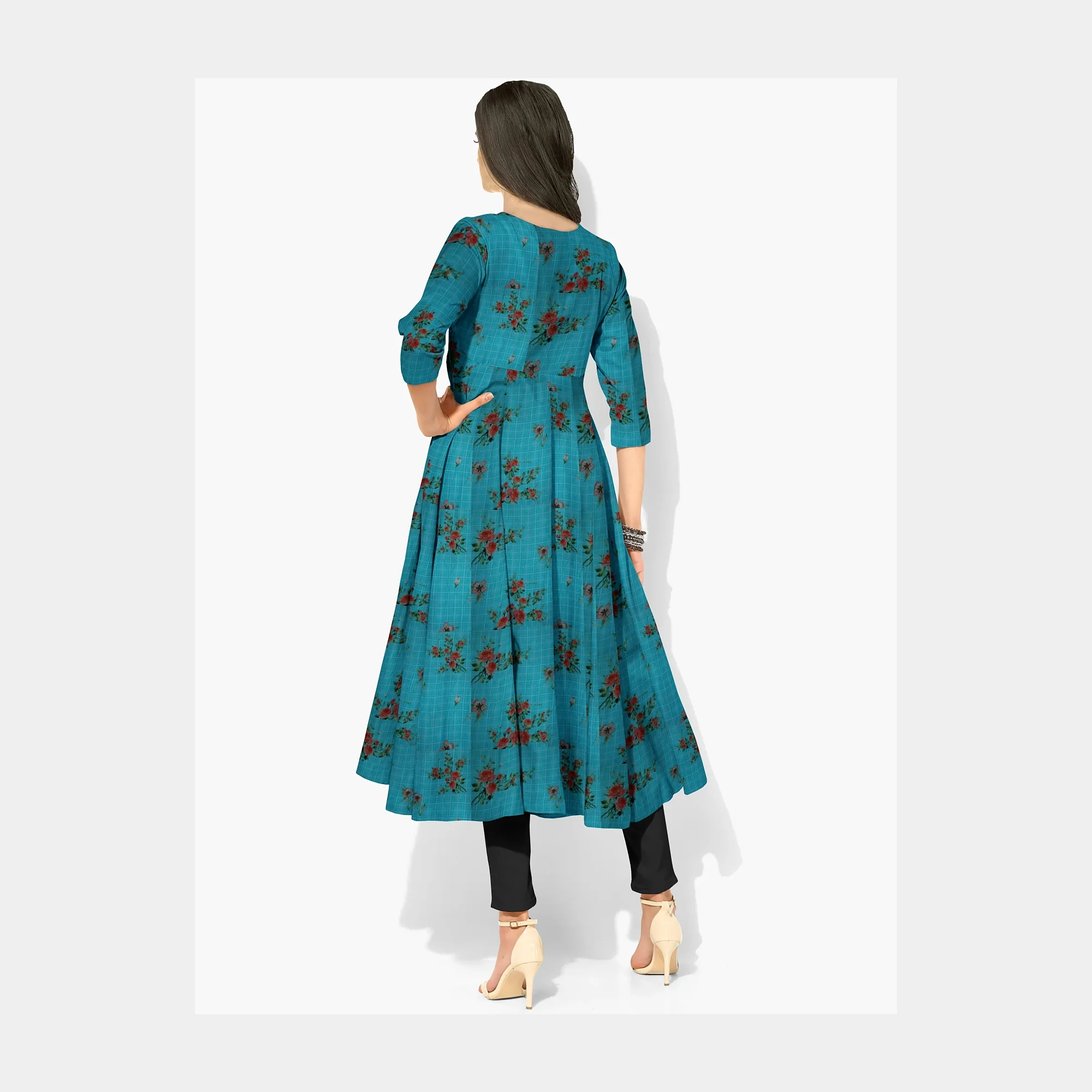 Sea Green Check Floral Print Viscose Dobby Fabric - Image 4