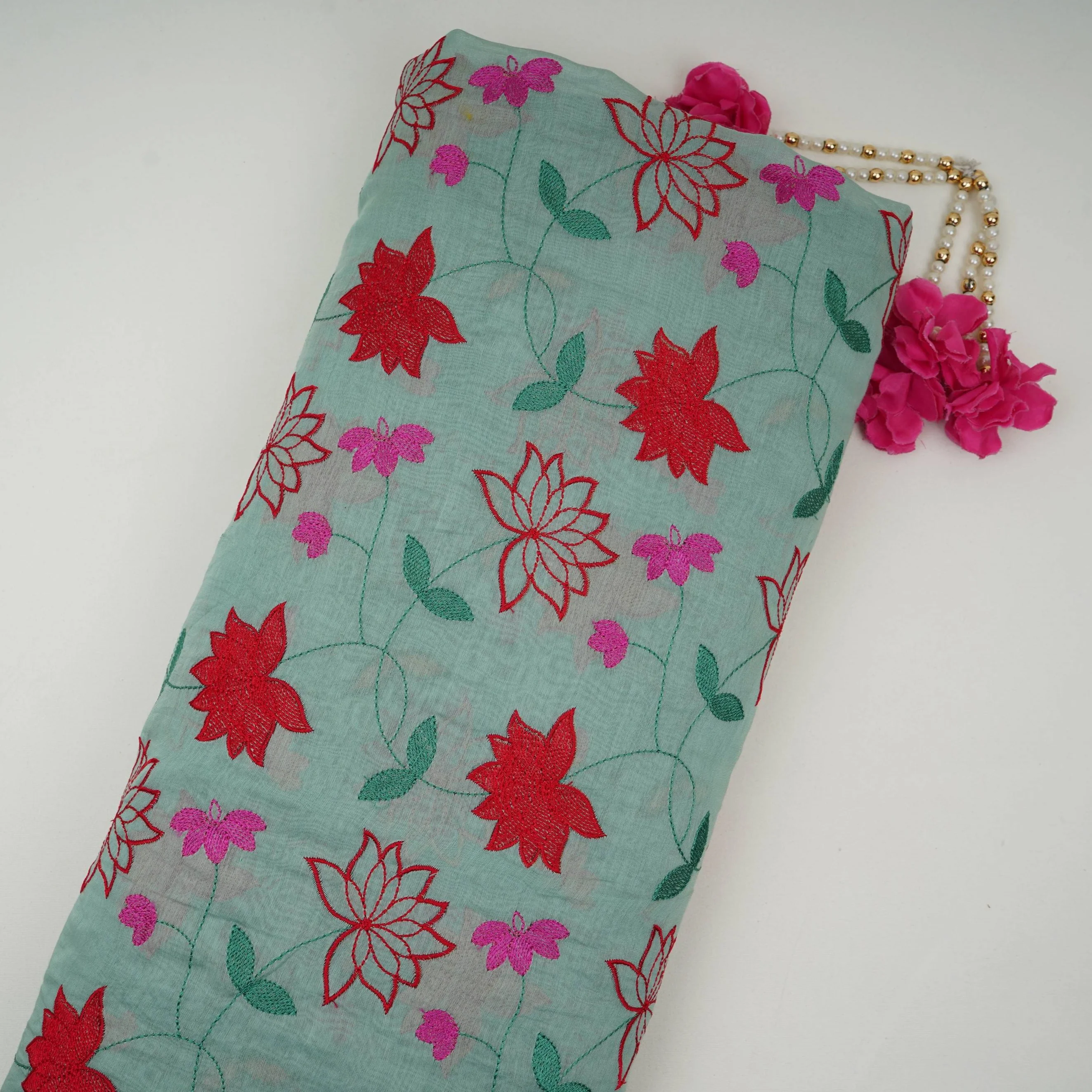 Sea Green floral jaal embroidery Malai Chanderi Fabric SNTF-32231