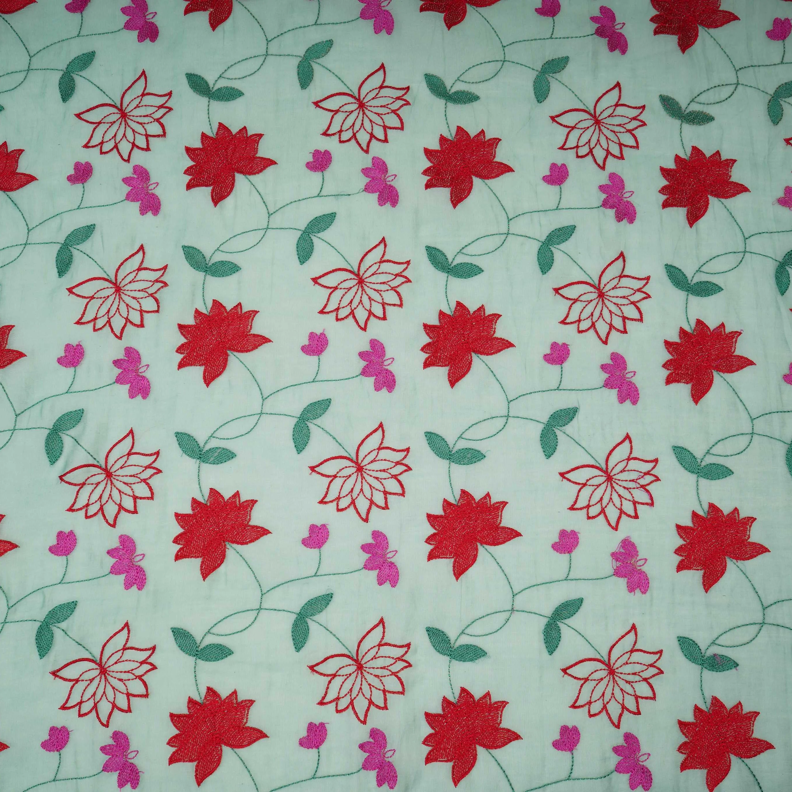 Sea Green floral jaal embroidery Malai Chanderi Fabric SNTF-32231 - Image 2