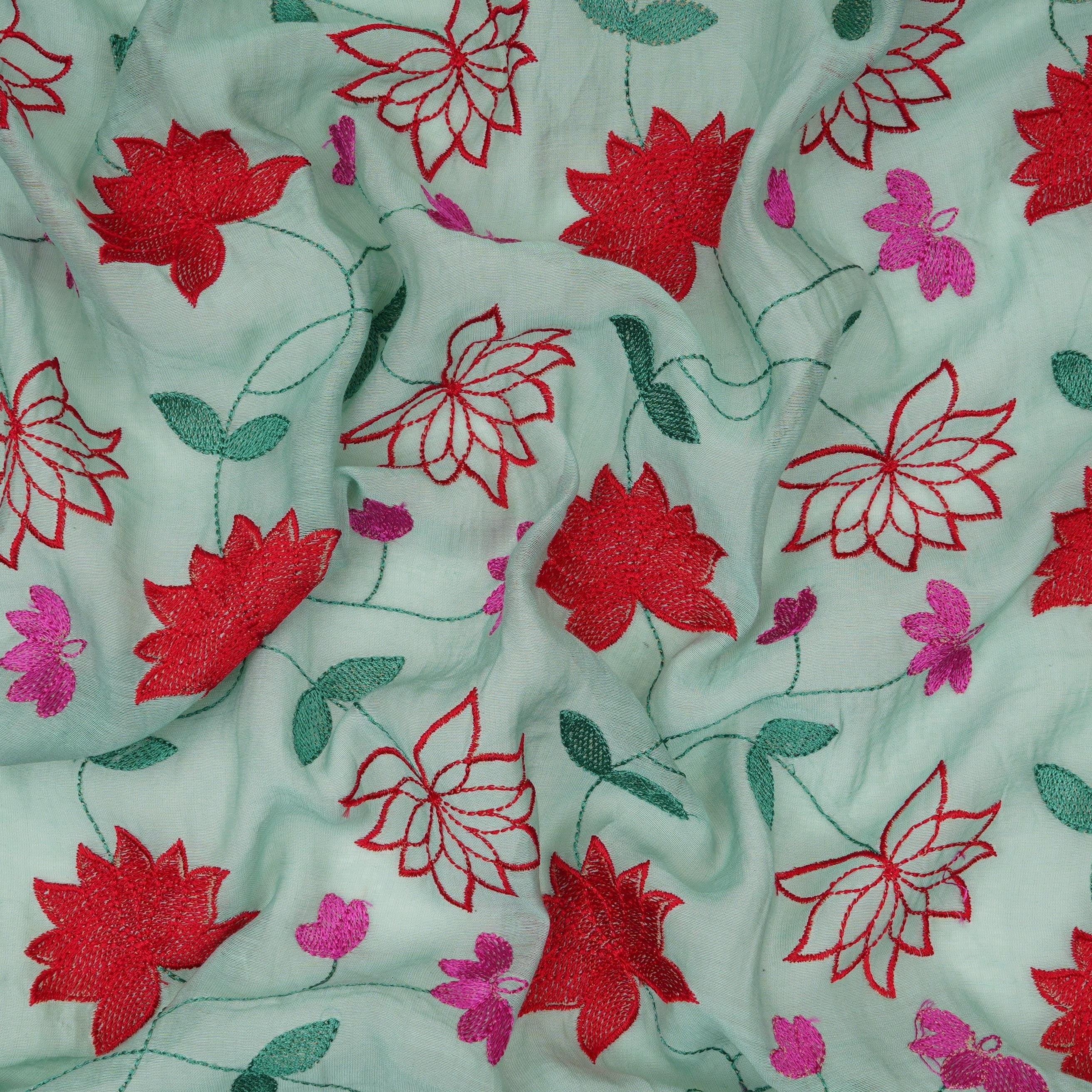 Sea Green floral jaal embroidery Malai Chanderi Fabric SNTF-32231 - Image 3