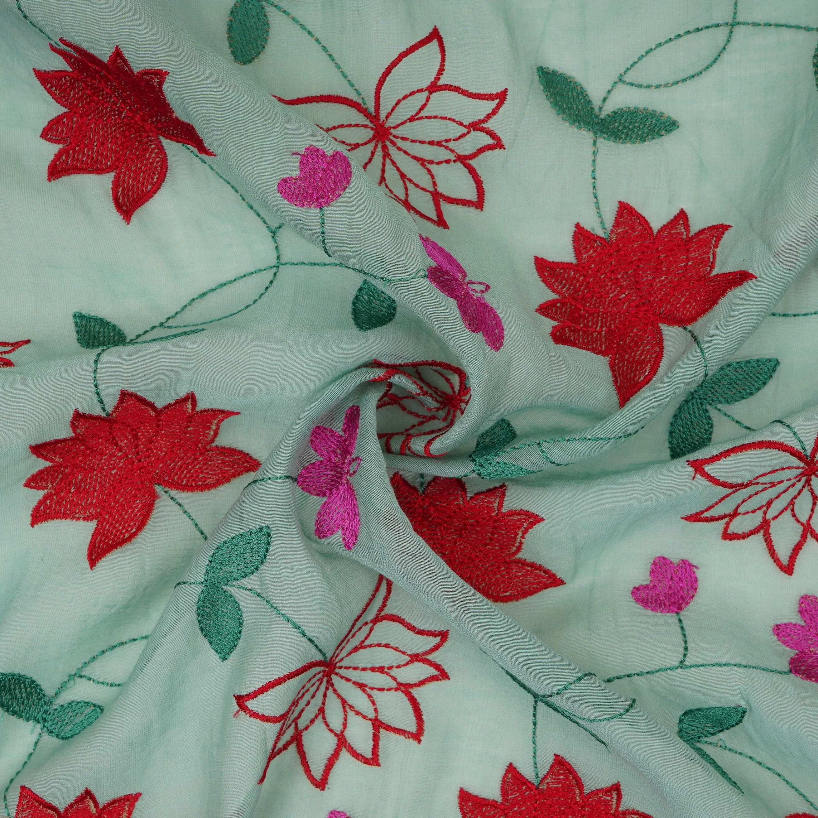 Sea Green floral jaal embroidery Malai Chanderi Fabric SNTF-32231 - Image 4