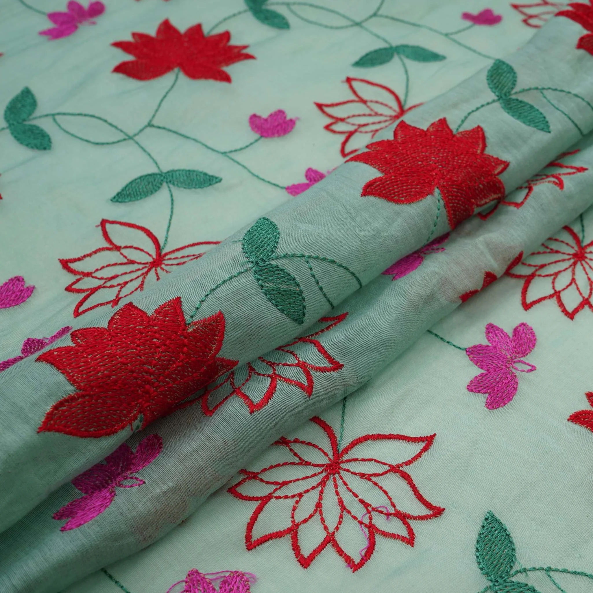 Sea Green floral jaal embroidery Malai Chanderi Fabric SNTF-32231 - Image 5