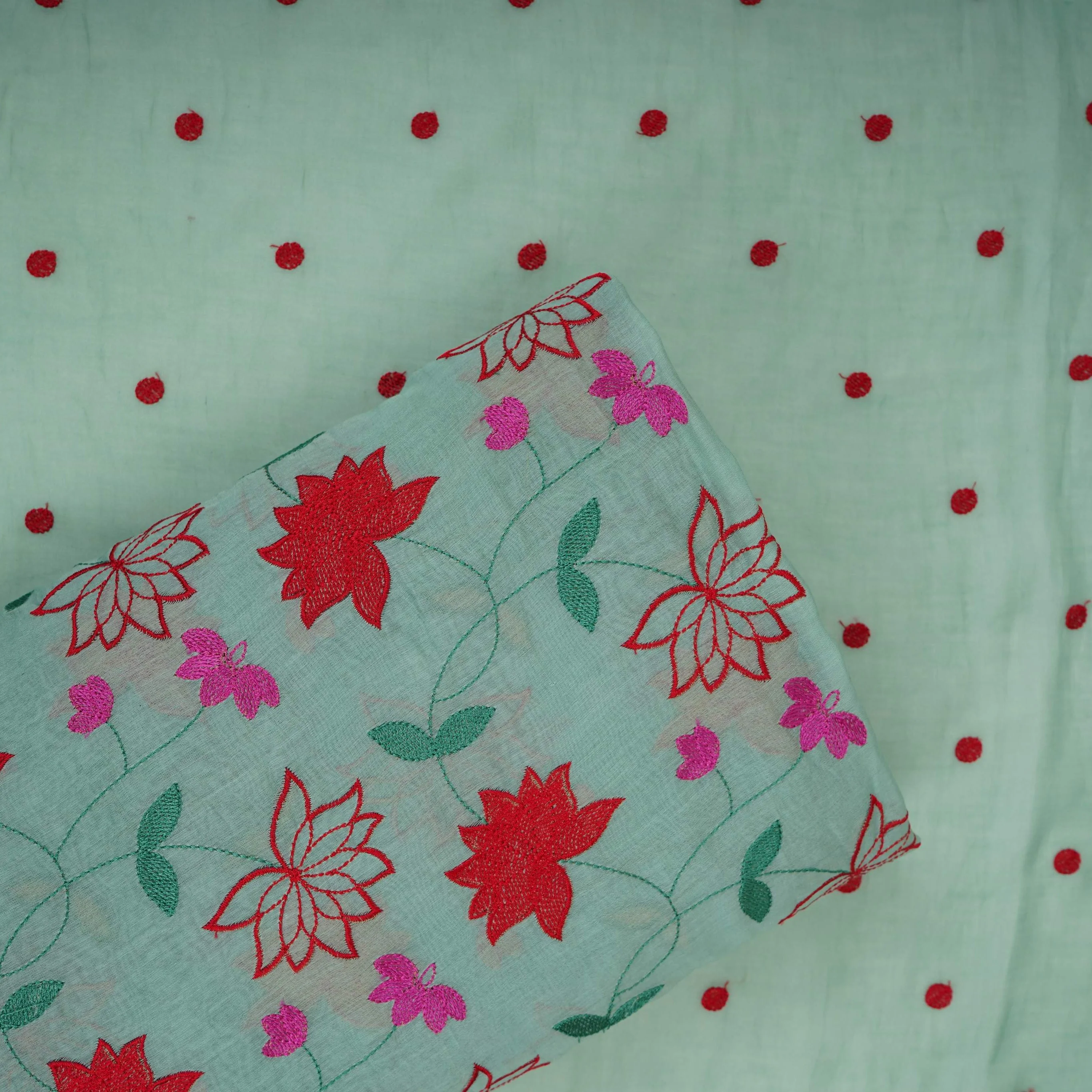 Sea Green floral jaal embroidery Malai Chanderi Fabric SNTF-32231 - Image 6