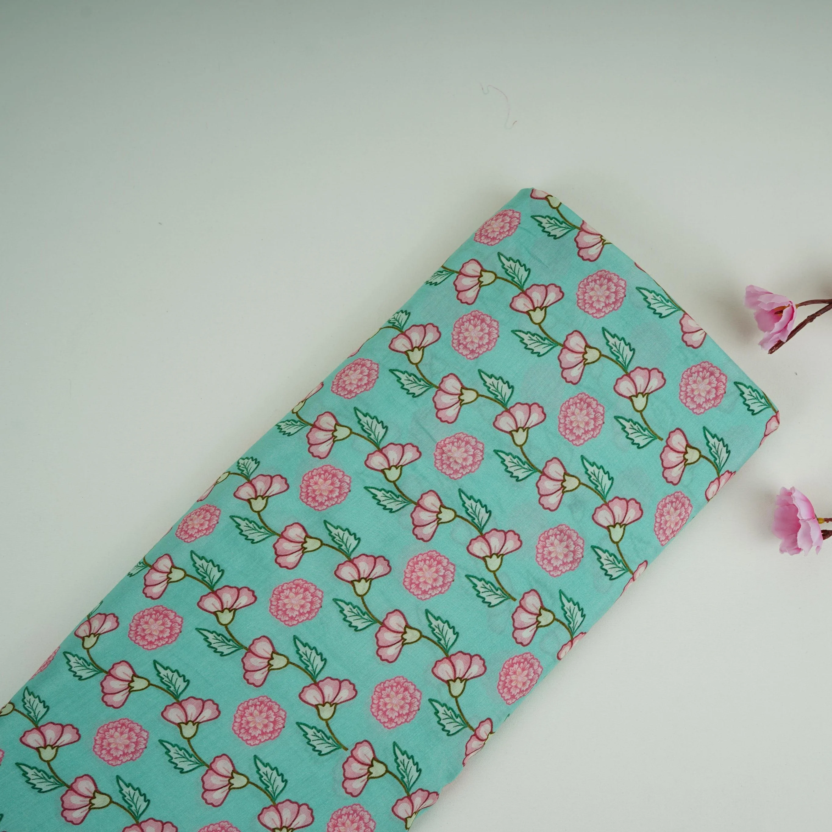 Sea Green Floral Print Muslin Fabric GTS-30945