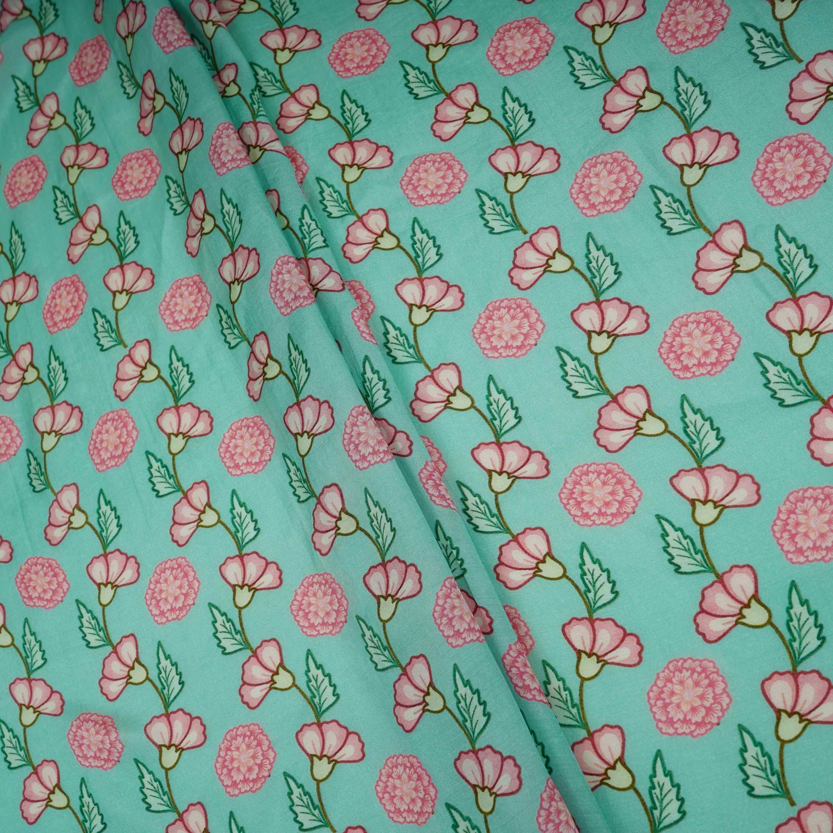Sea Green Floral Print Muslin Fabric GTS-30945 - Image 2