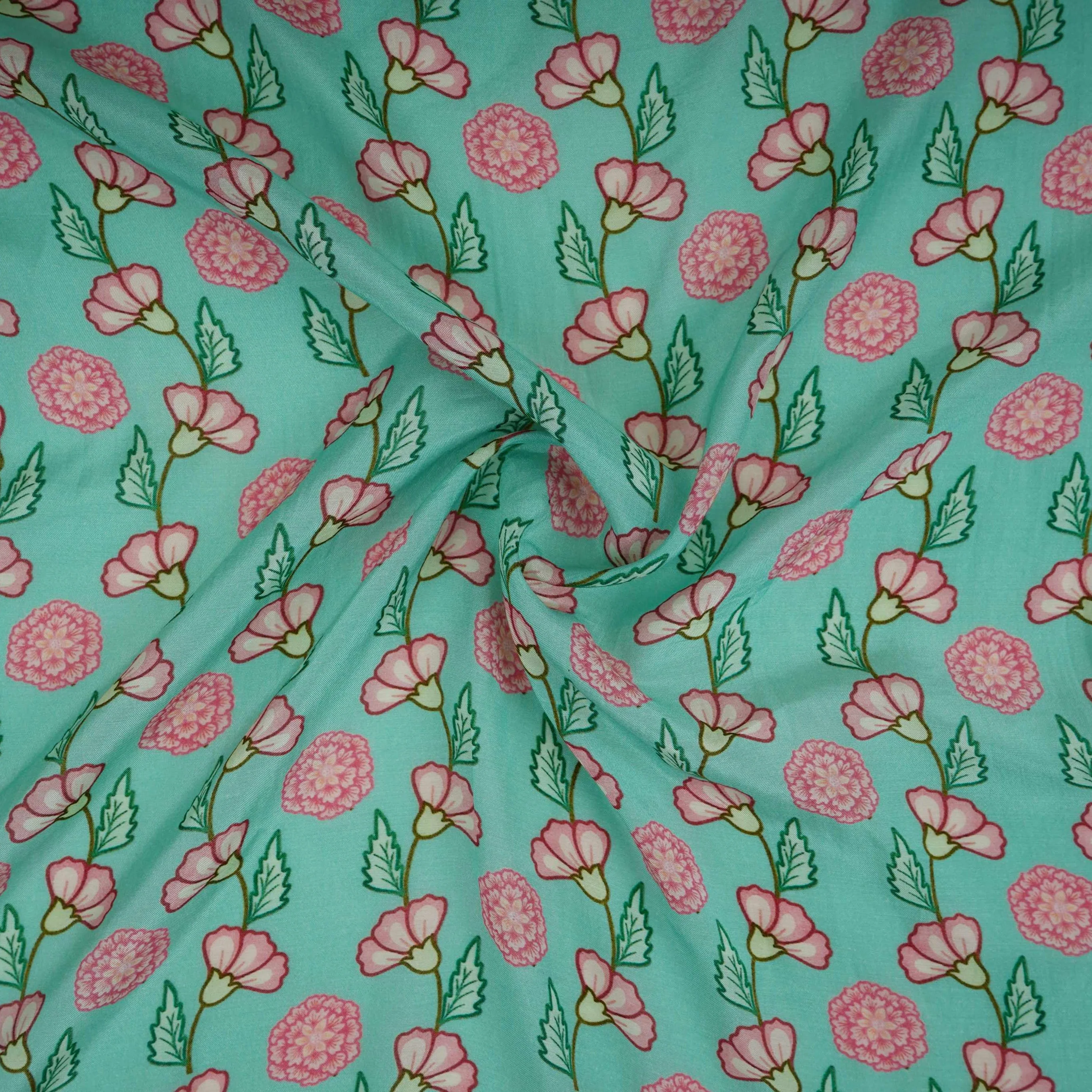 Sea Green Floral Print Muslin Fabric GTS-30945 - Image 3