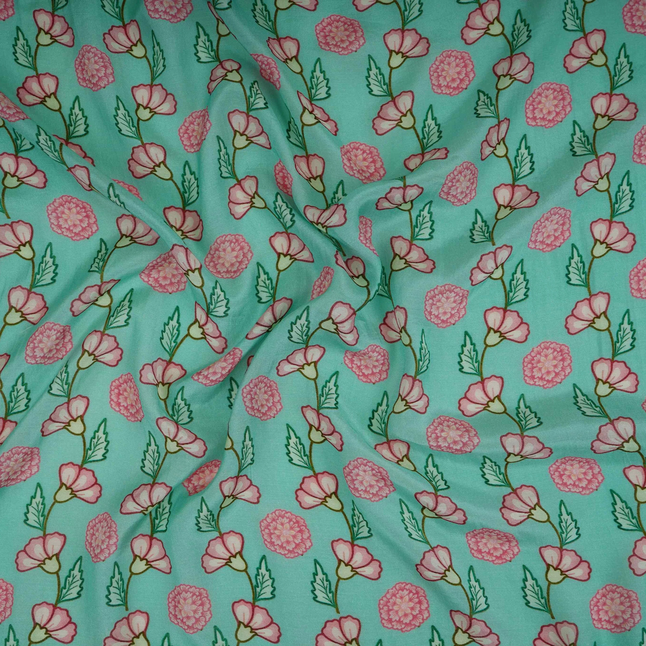 Sea Green Floral Print Muslin Fabric GTS-30945 - Image 4