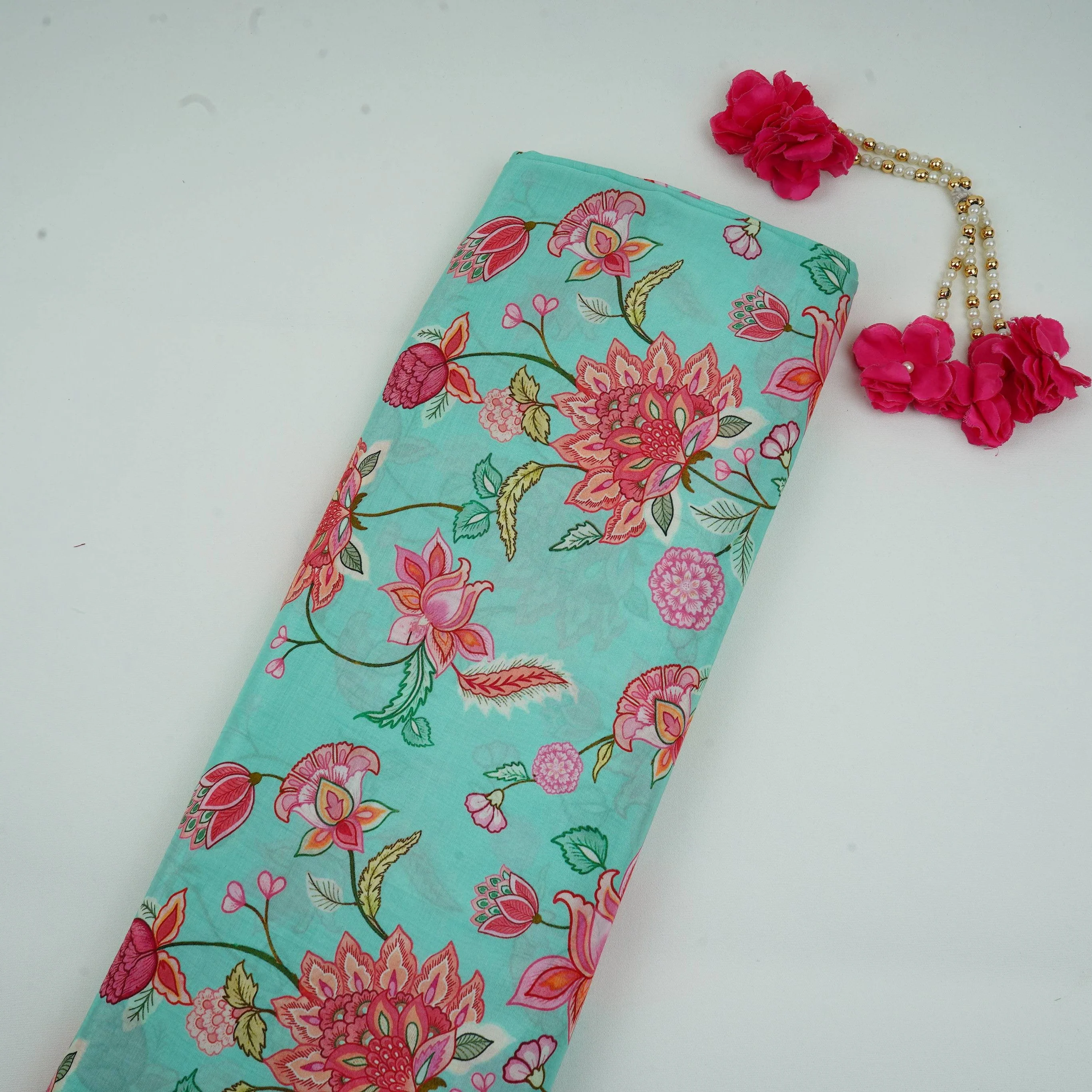 Sea Green Mughal Floral Print Muslin Fabric GTS-30944